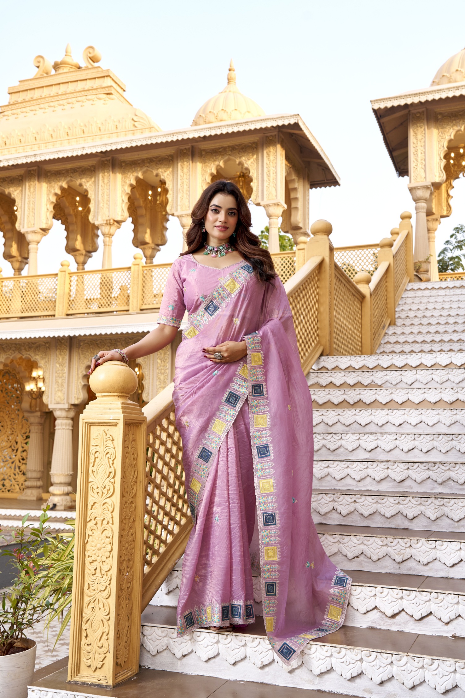 Pink Multi Thread Embroidered Gold Crunchy Silk Saree