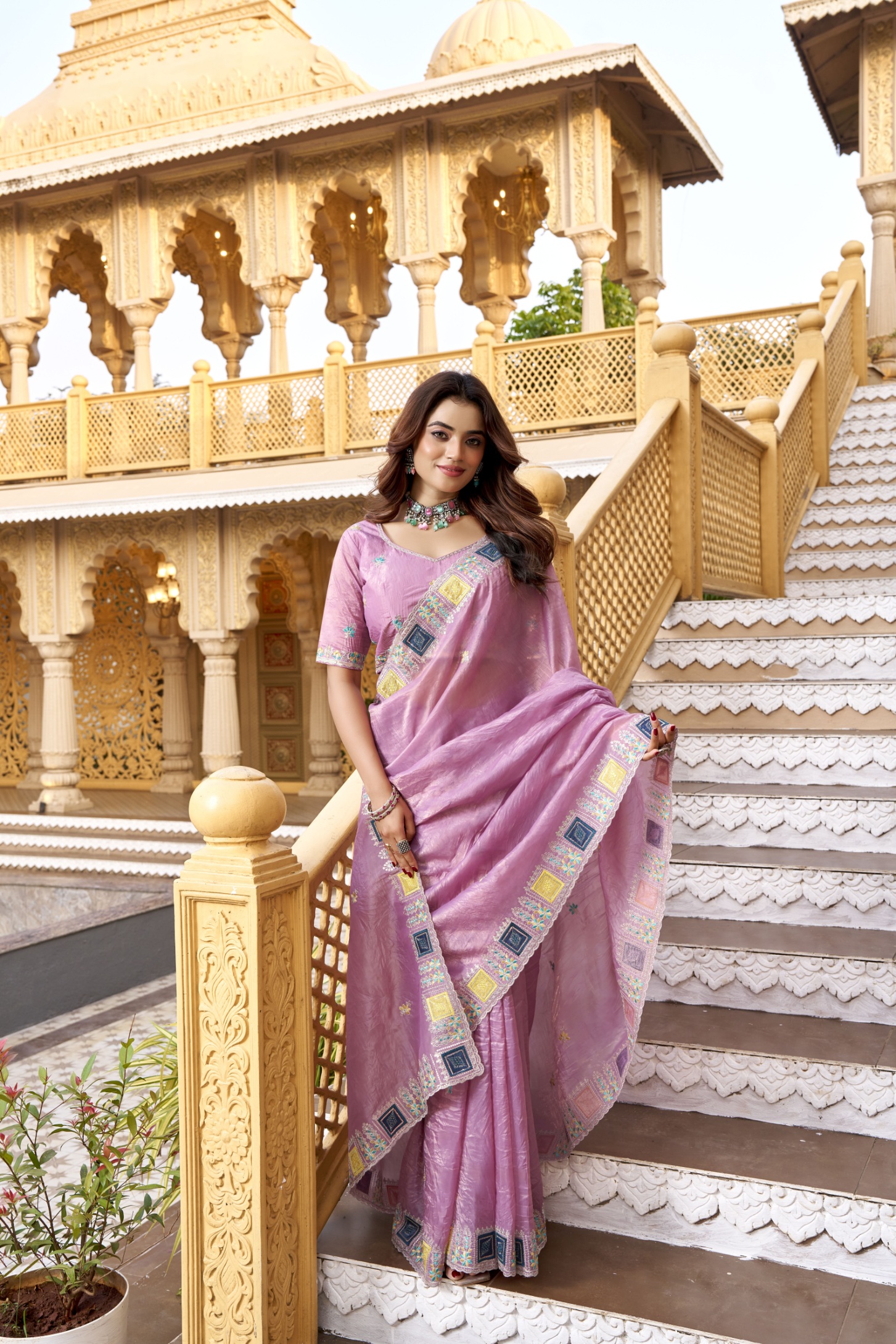 Pink Multi Thread Embroidered Gold Crunchy Silk Saree