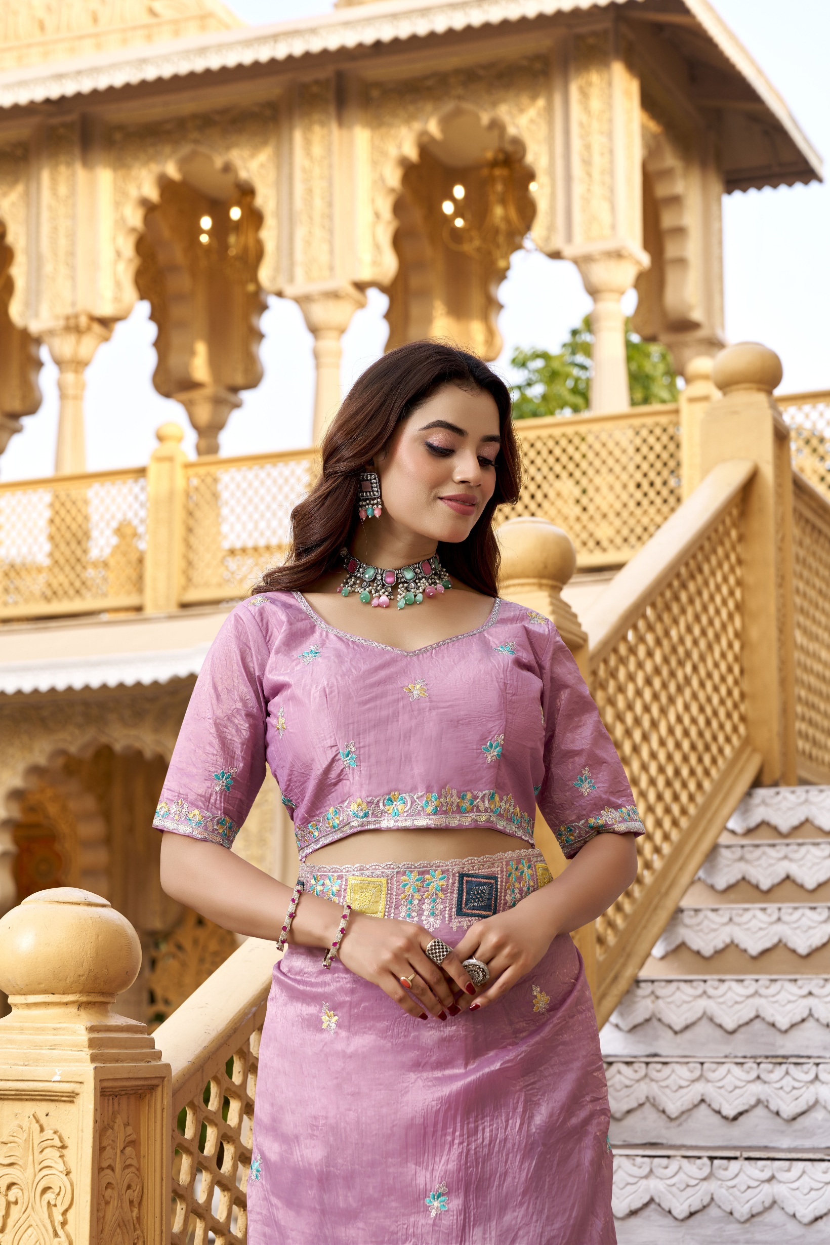 Pink Multi Thread Embroidered Gold Crunchy Silk Saree