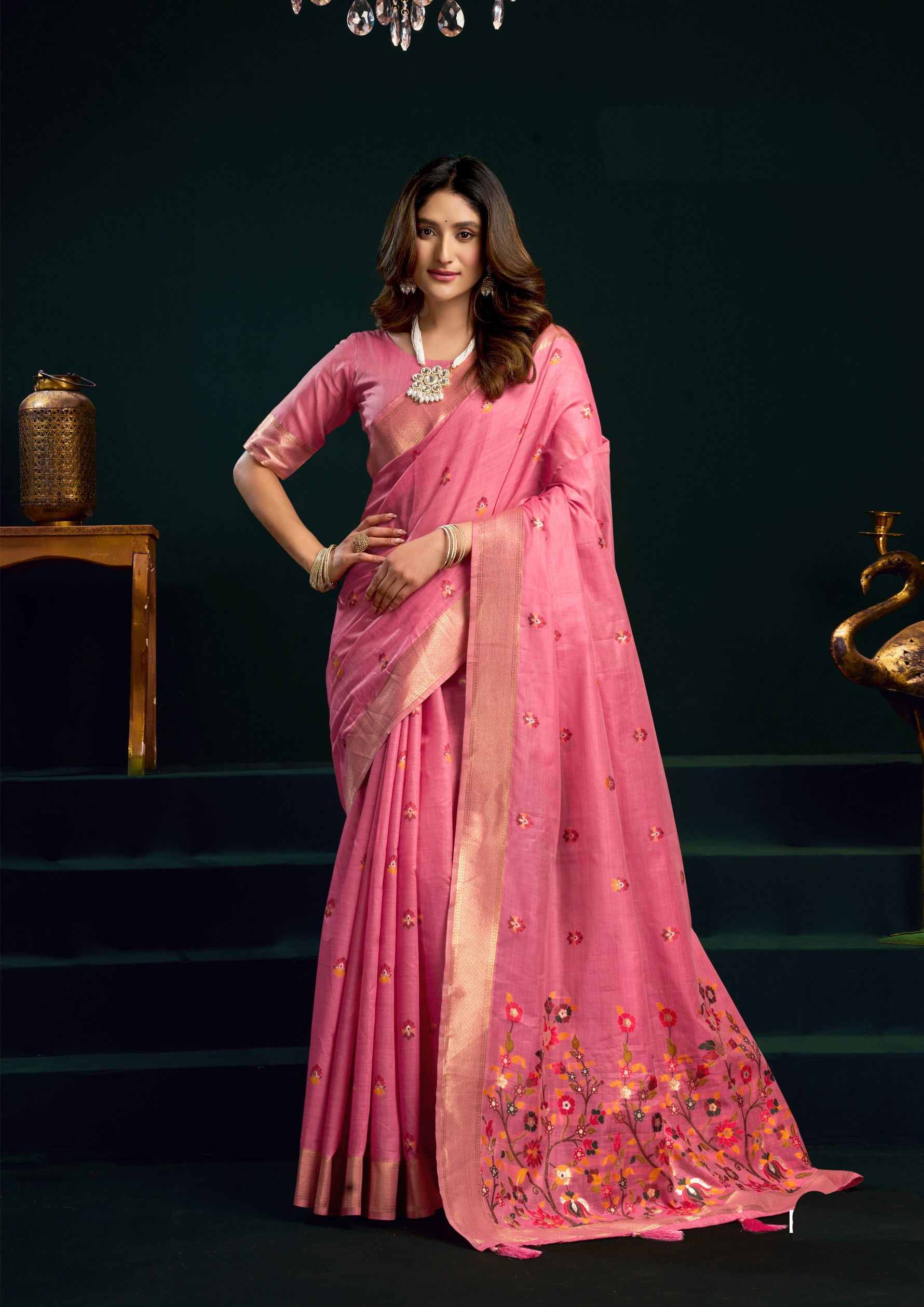 Pink Munga Cotton Floral Mina Zari Border Saree
