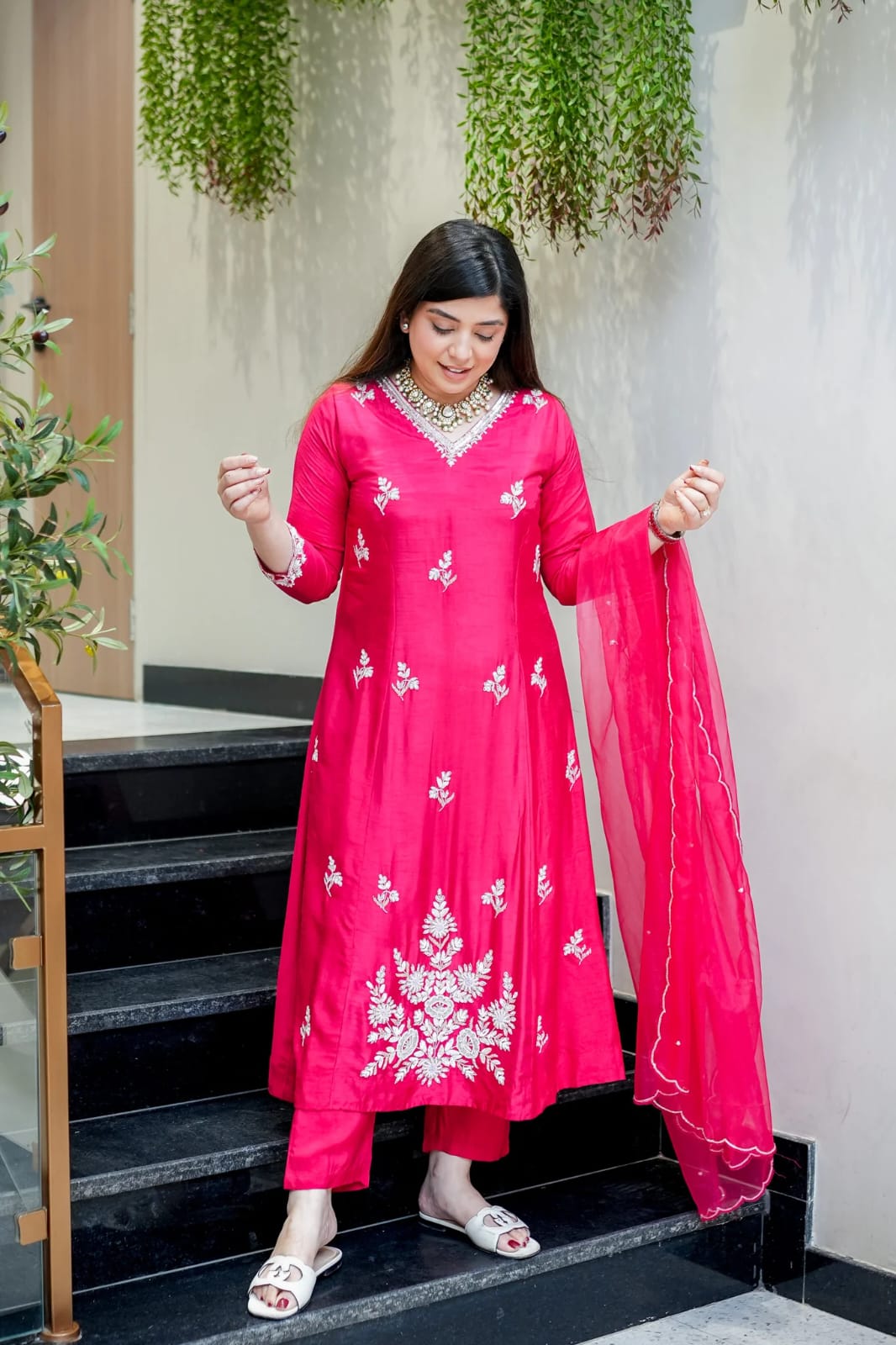 Pink Muslin Designer Embroidered Readymade Suit Set