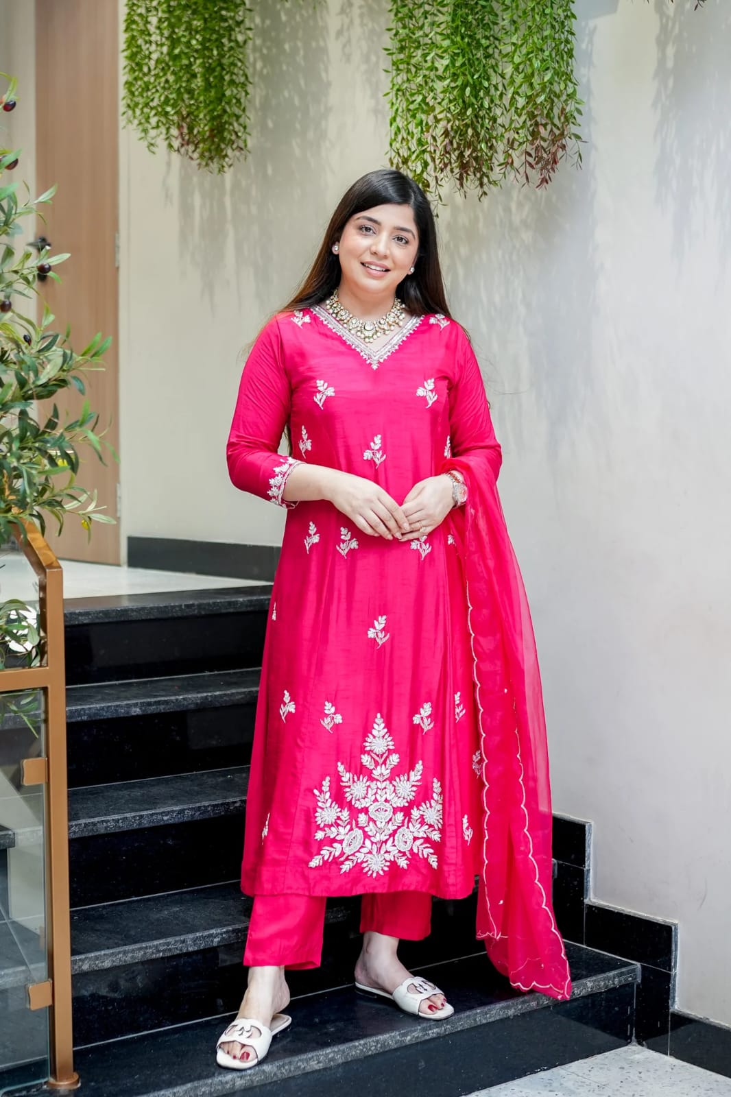 Pink Muslin Designer Embroidered Readymade Suit Set — alternate view