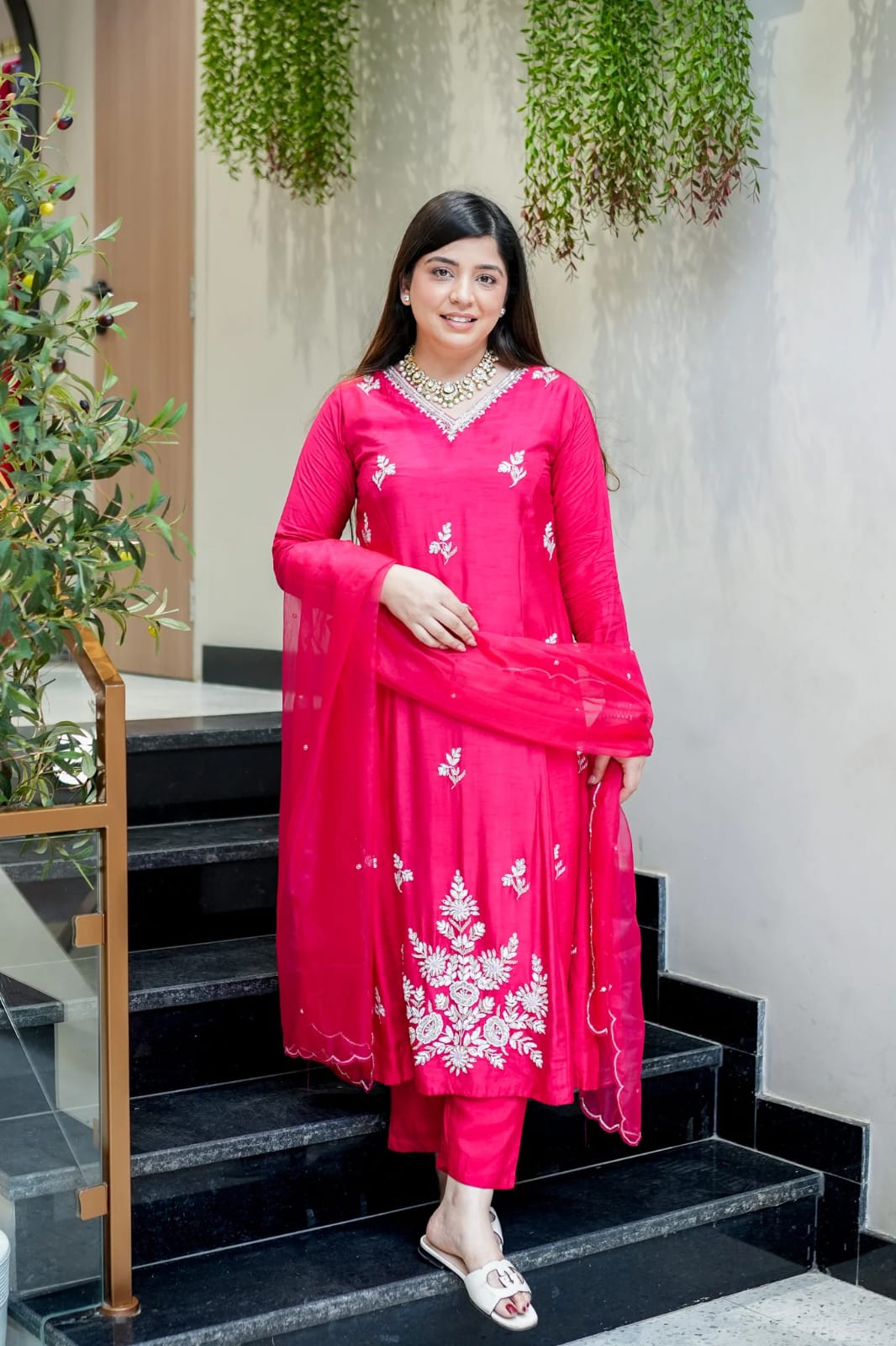 Pink Muslin Designer Embroidered Readymade Suit Set