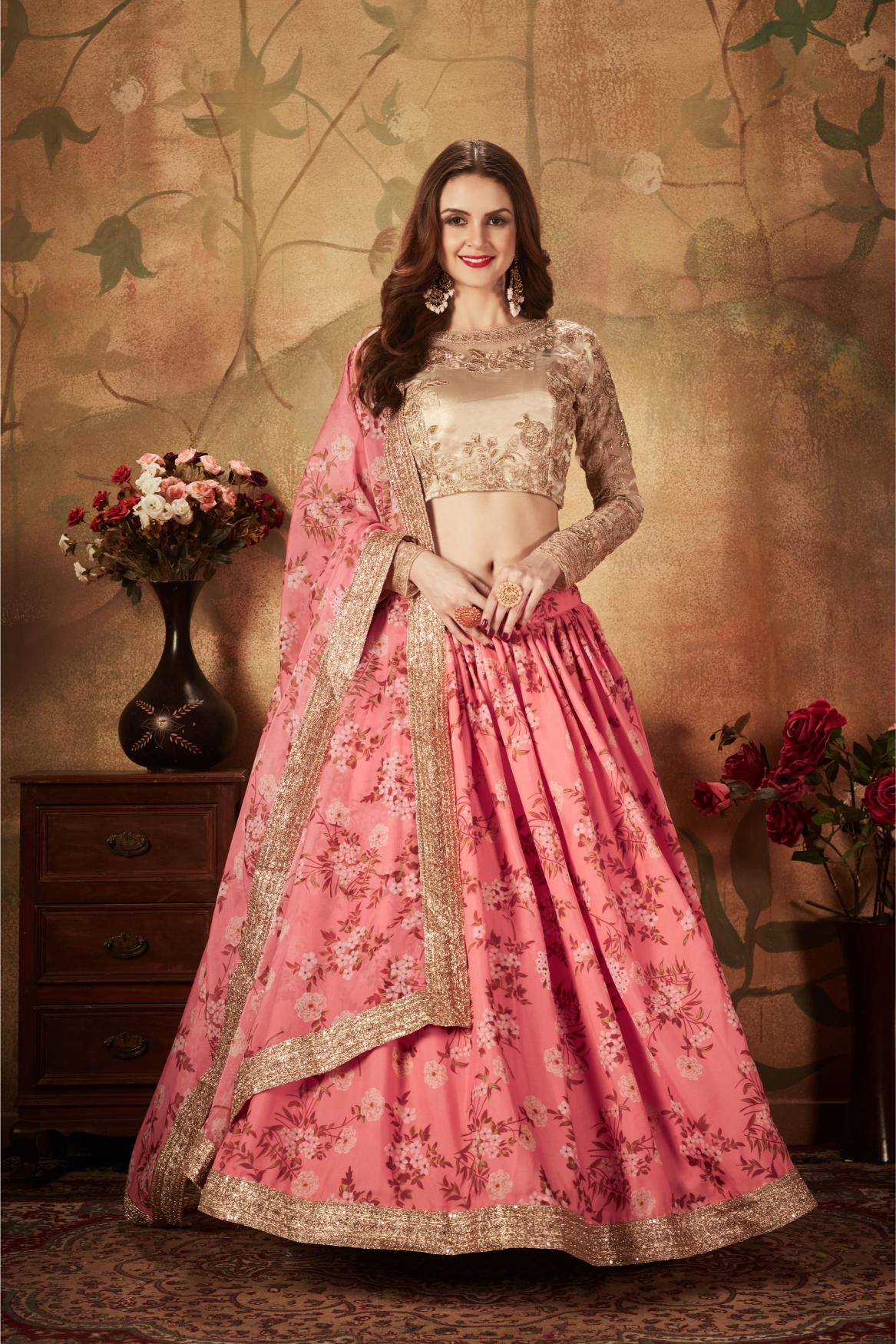 Pink N Beige Organza Lehenga Choli
