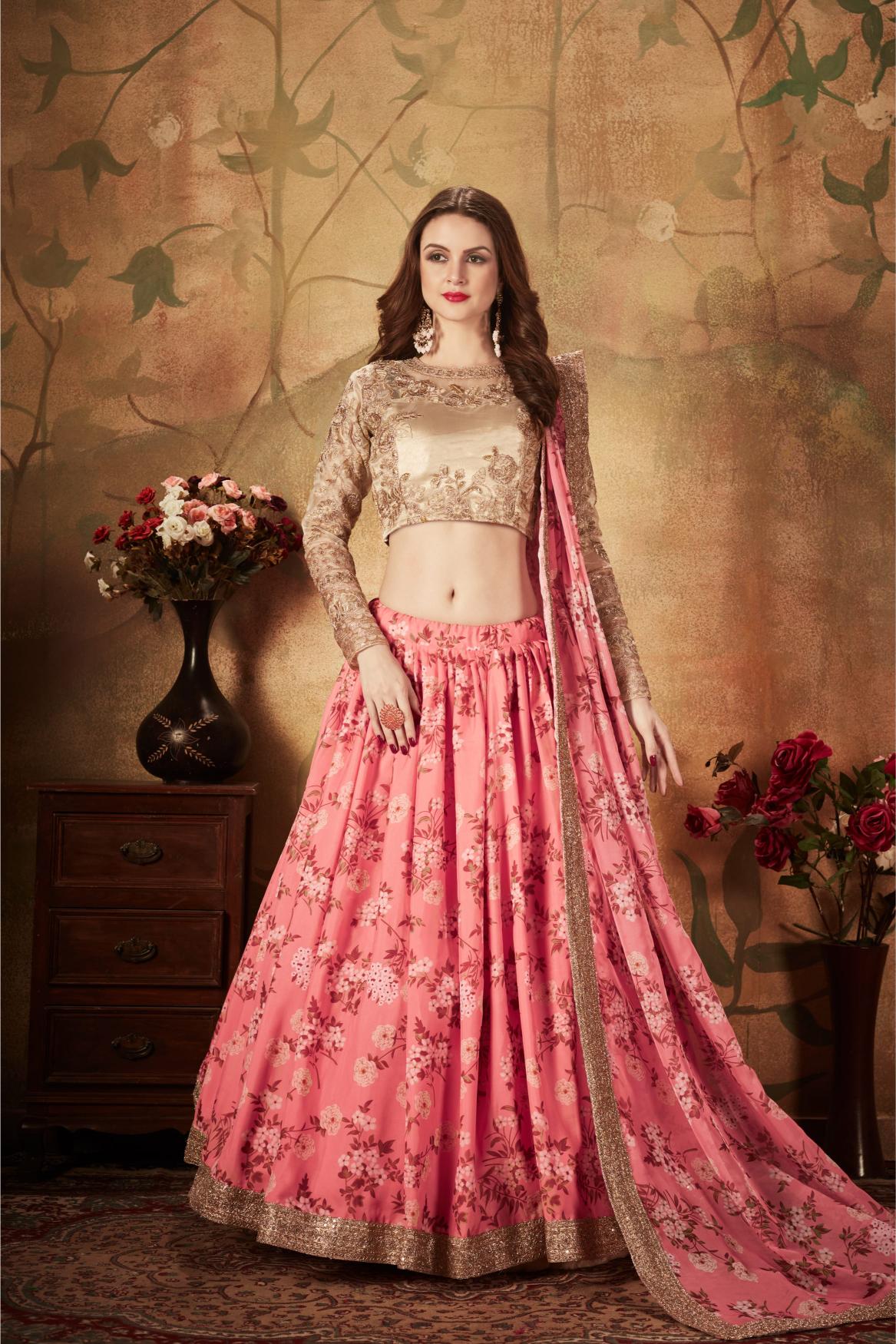 Pink N Beige Organza Lehenga Choli
