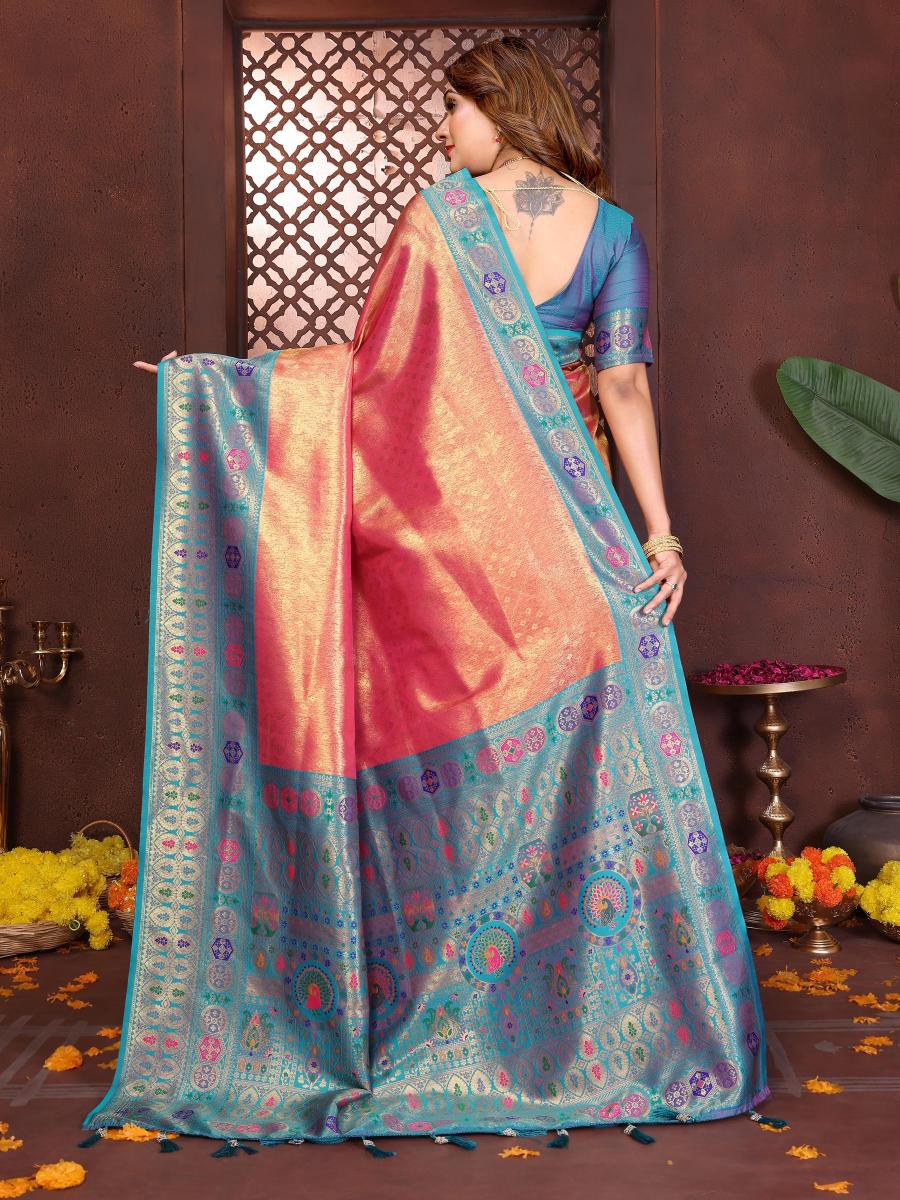 Pink N Blue Banarasi Tissue Silk Saree — alternate view