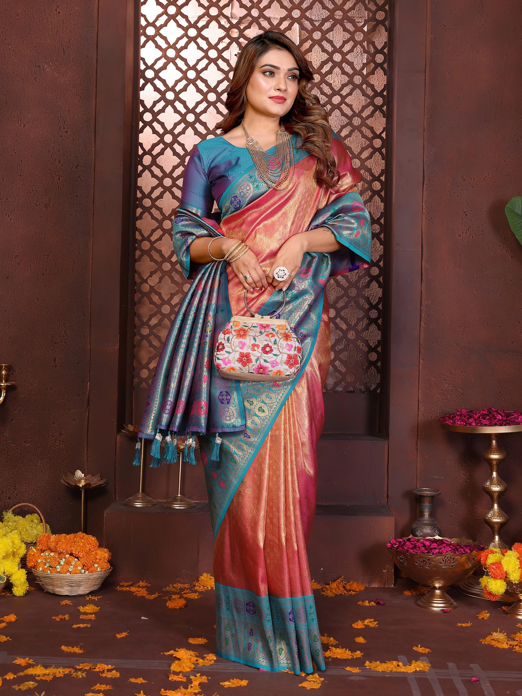Pink N Blue Banarasi Tissue Silk Saree