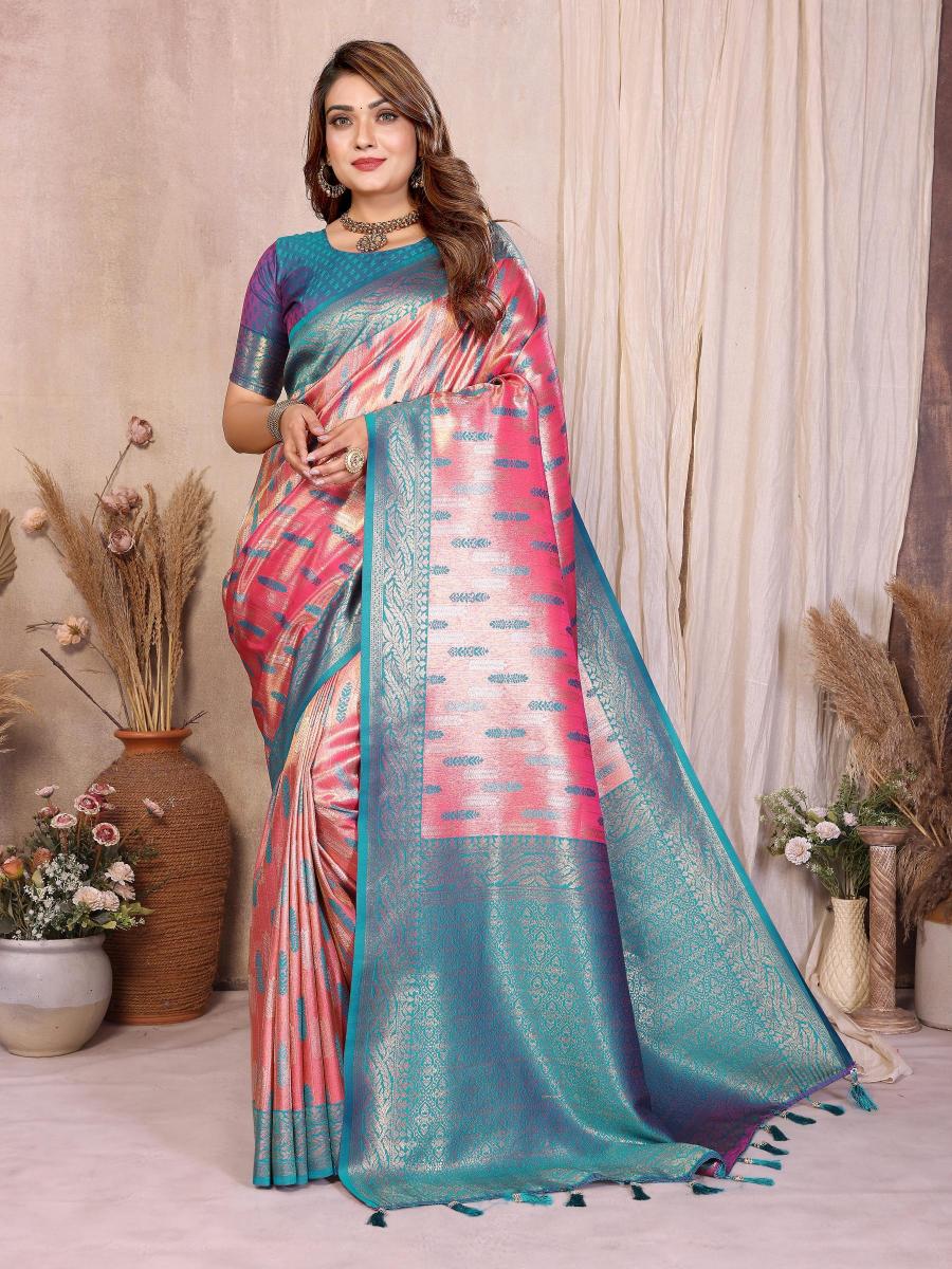 Pink N Blue Banarasi Tissue Silk Saree
