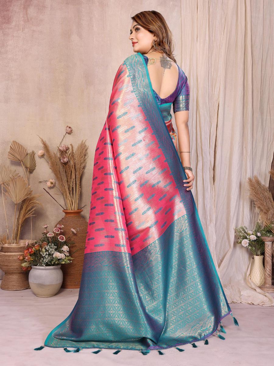 Pink N Blue Banarasi Tissue Silk Saree — alternate view