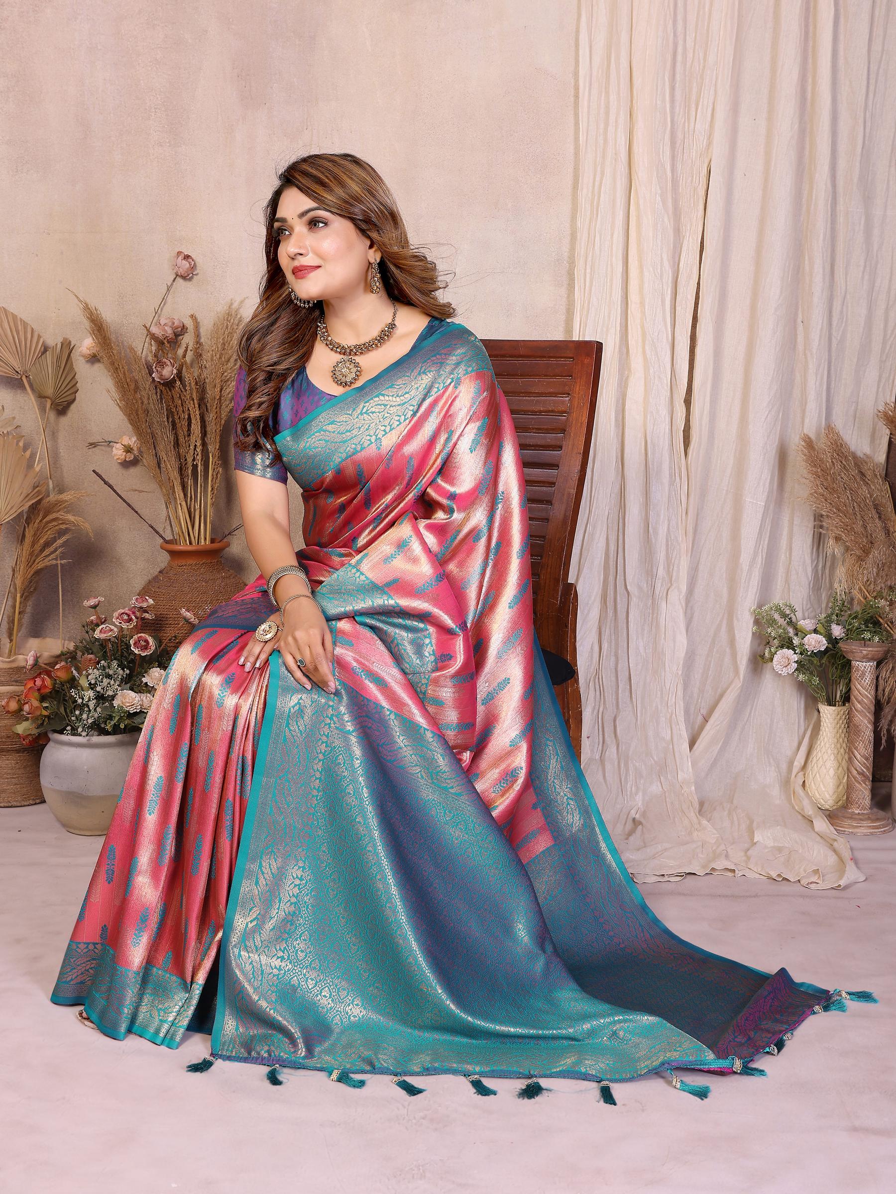 Pink N Blue Banarasi Tissue Silk Saree