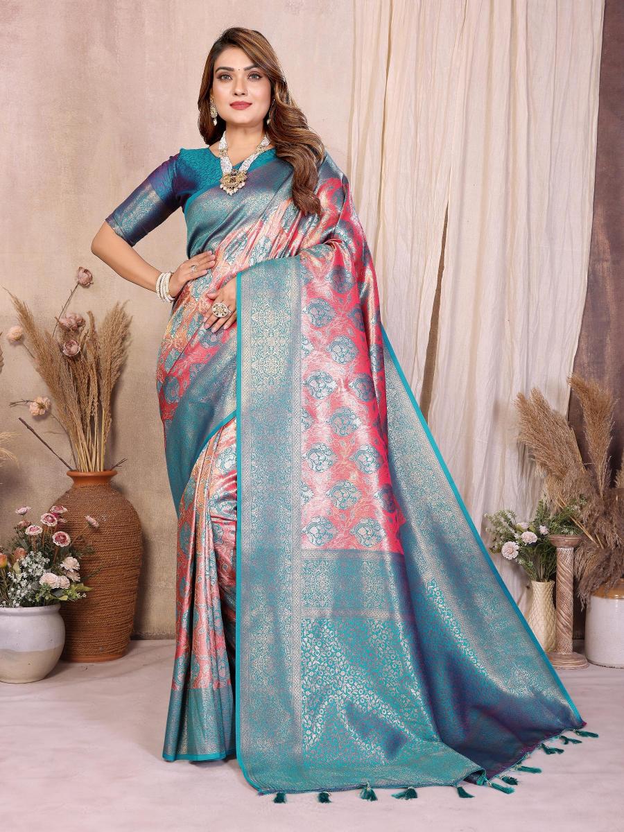Pink N Blue Banarasi Tissue Silk Saree