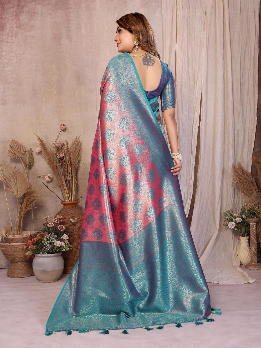 Pink N Blue Banarasi Tissue Silk Saree — alternate view