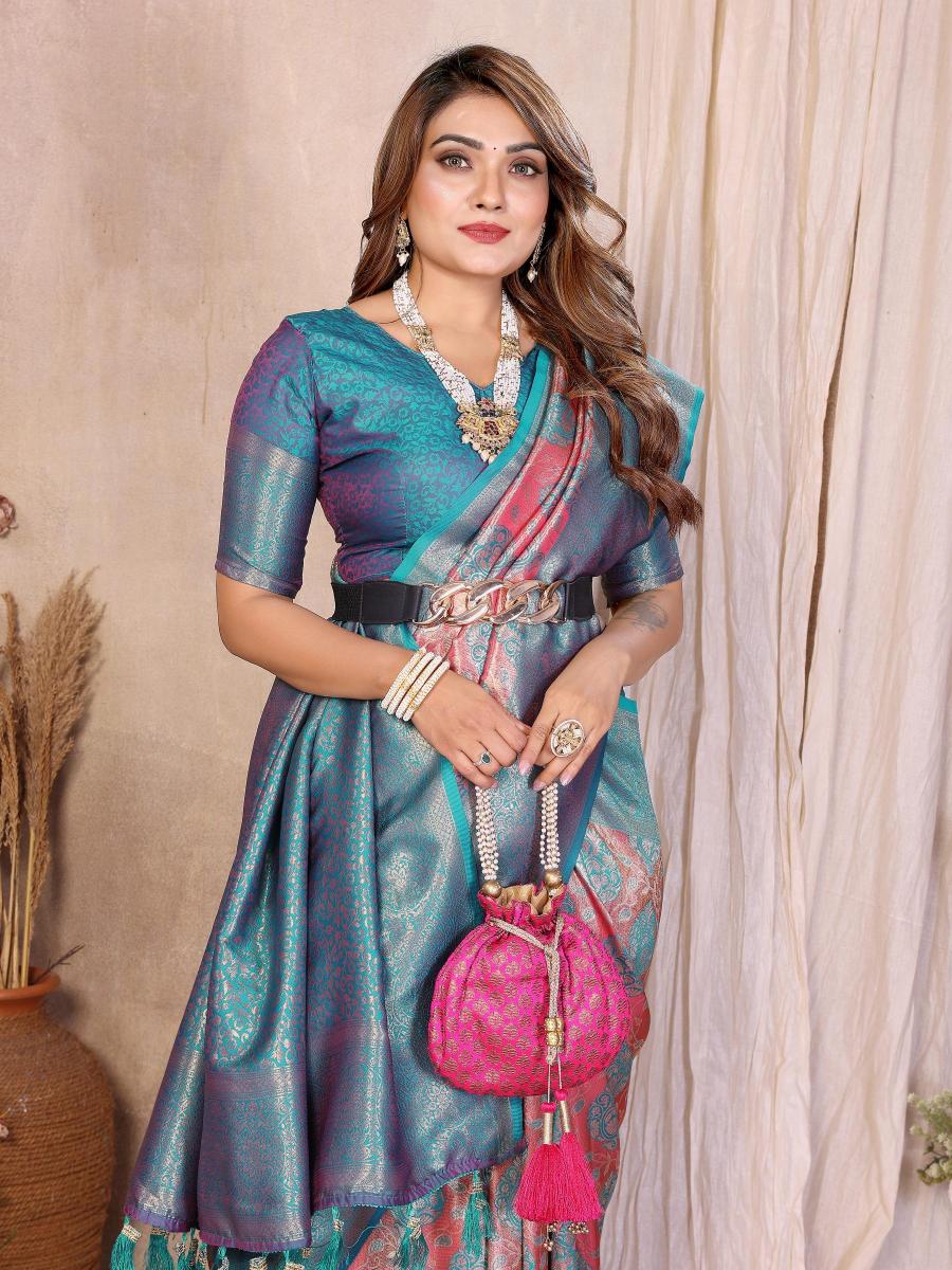 Pink N Blue Banarasi Tissue Silk Saree