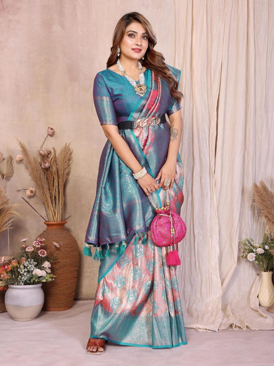 Pink N Blue Banarasi Tissue Silk Saree