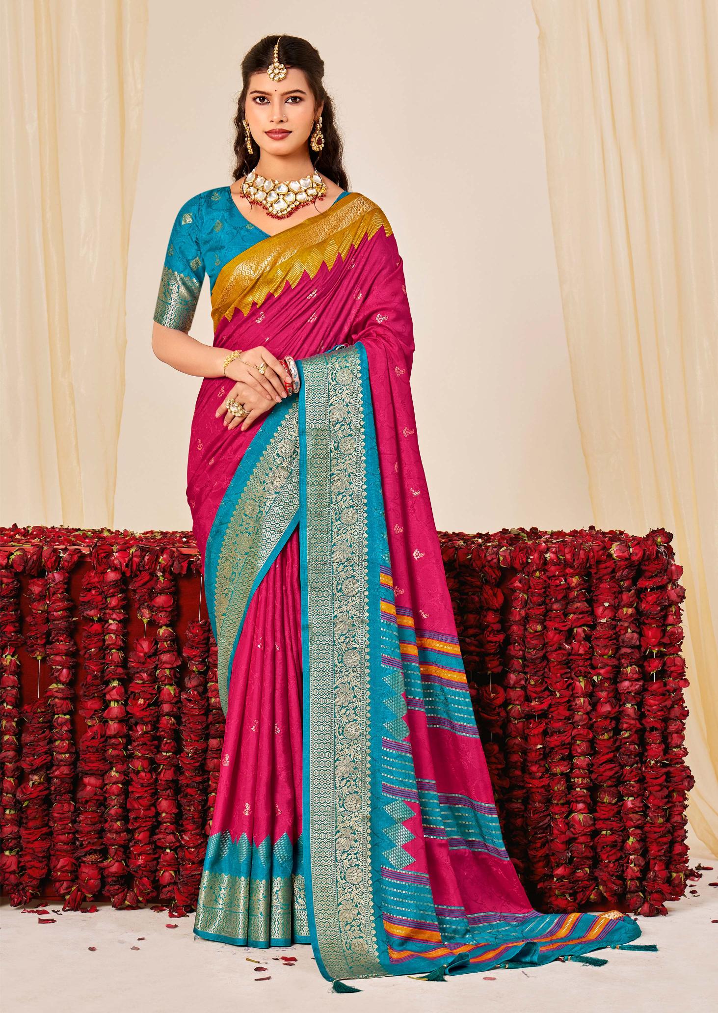 Pink N Blue Velvet Tussar Silk Saree