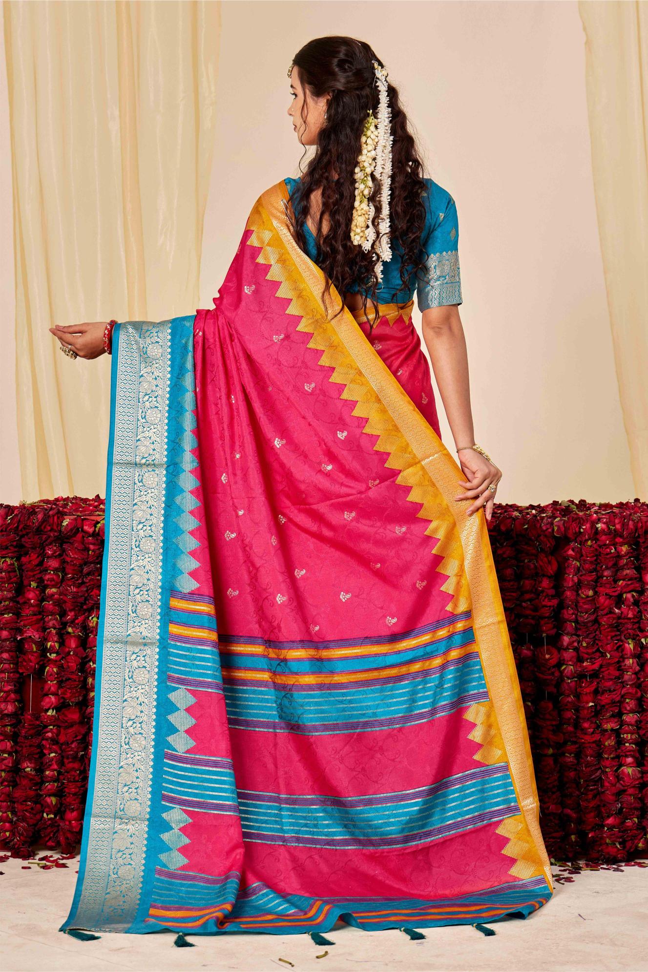 Pink N Blue Velvet Tussar Silk Saree — alternate view