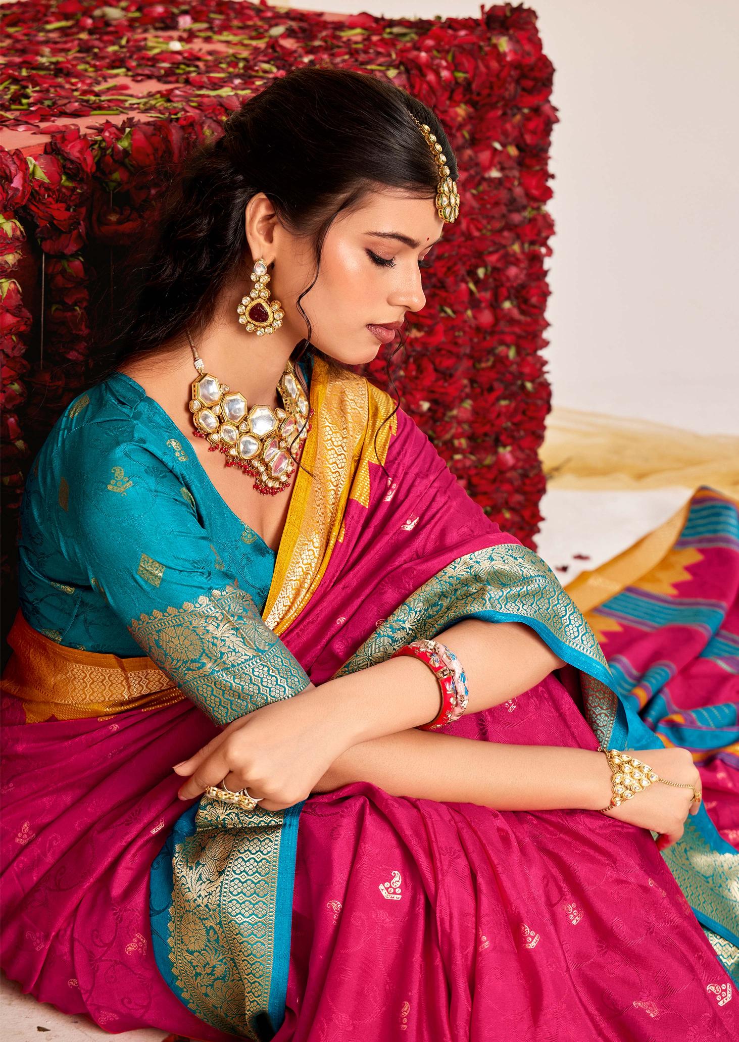 Pink N Blue Velvet Tussar Silk Saree