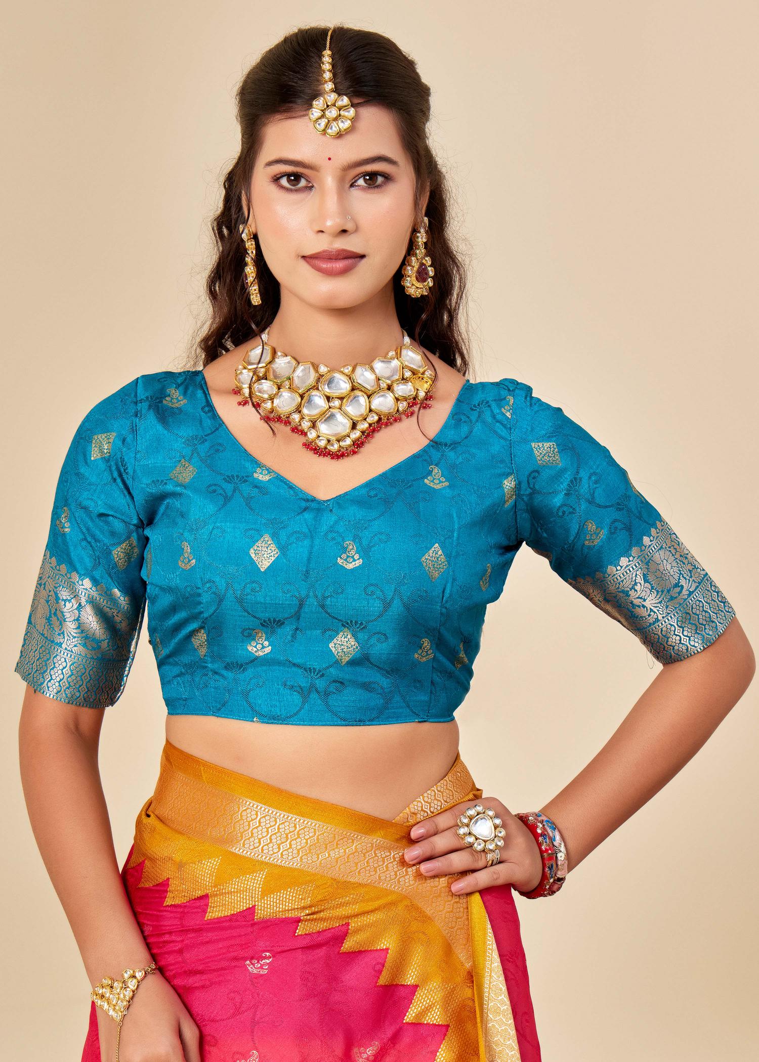 Pink N Blue Velvet Tussar Silk Saree