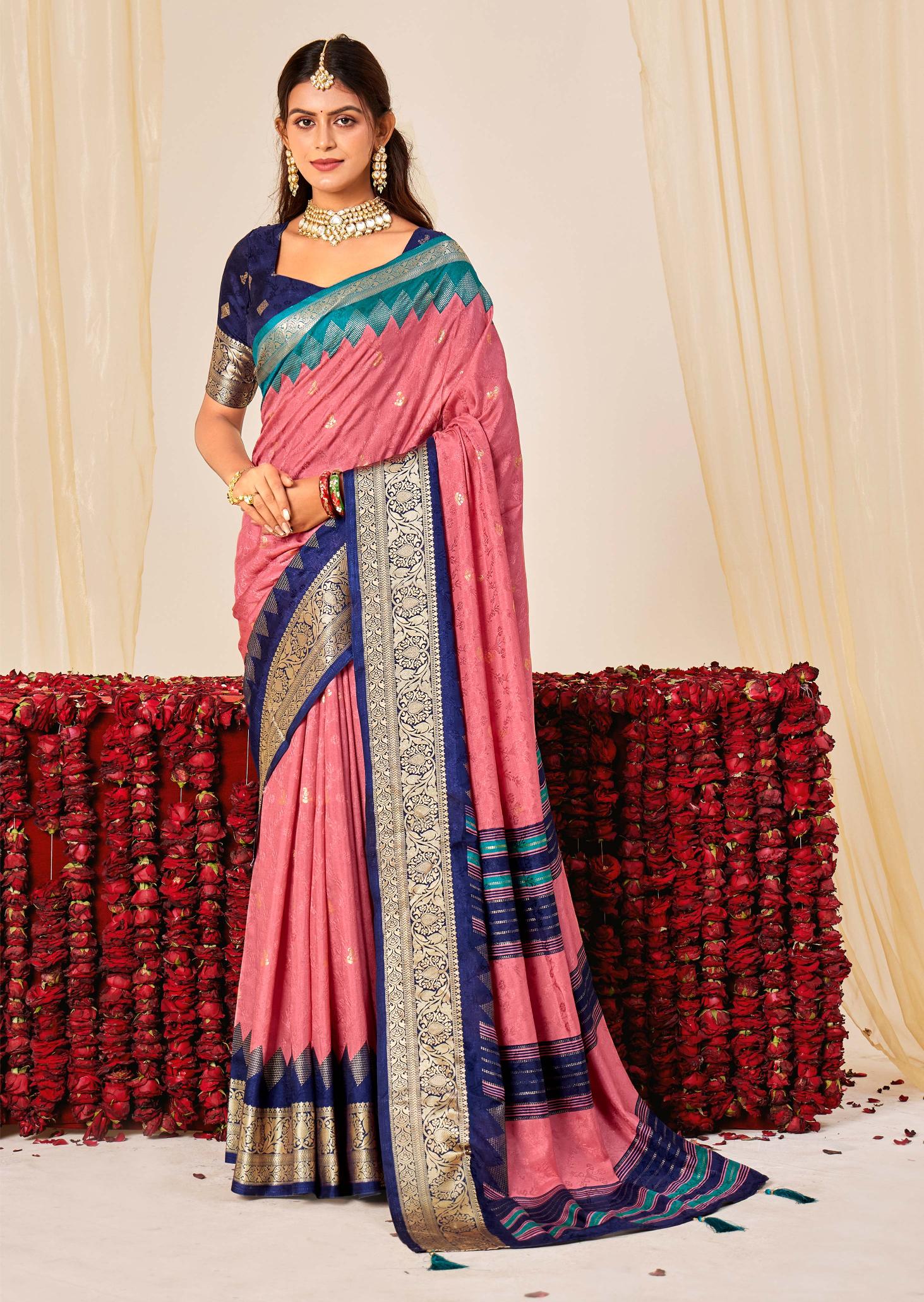 Pink N Navy Blue Velvet Tussar Silk Saree