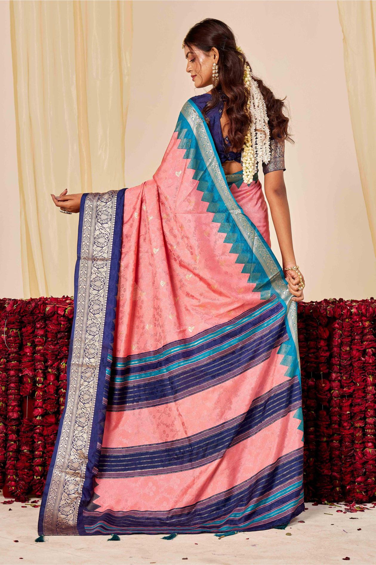 Pink N Navy Blue Velvet Tussar Silk Saree — alternate view