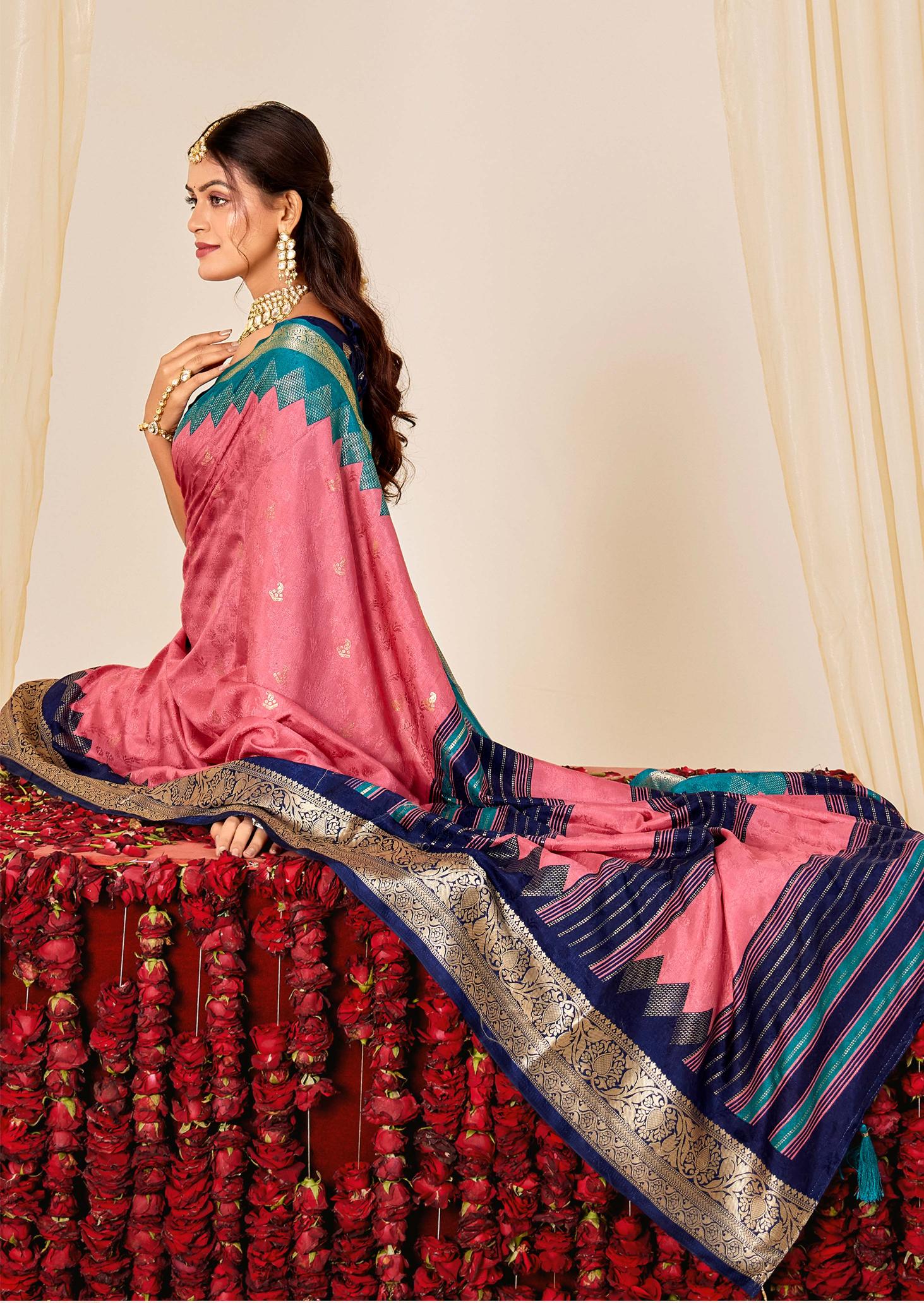 Pink N Navy Blue Velvet Tussar Silk Saree