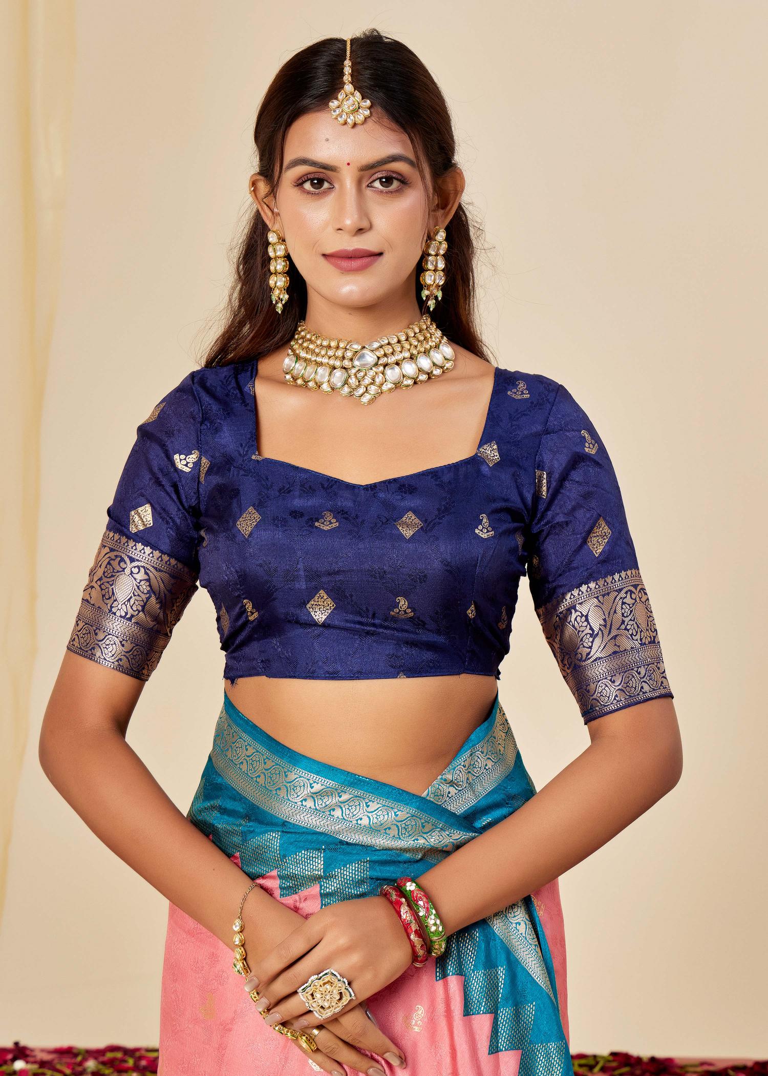 Pink N Navy Blue Velvet Tussar Silk Saree