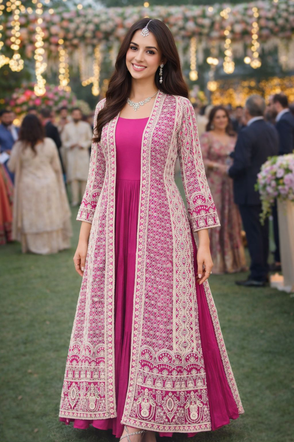 Pink N Off-White Chinon Embroidered Gown