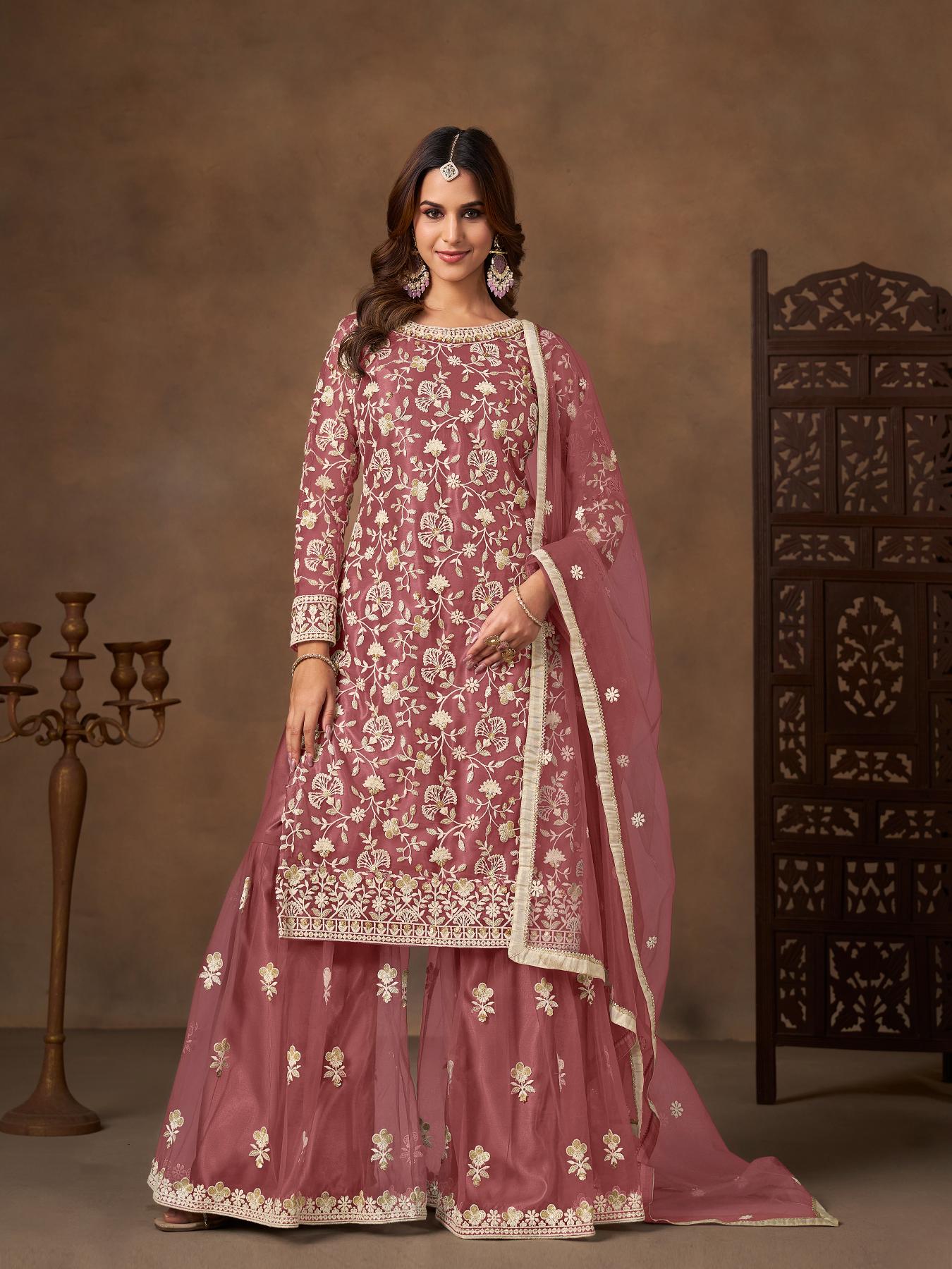 Pink Net Designer Embroidery Palazzo Suit