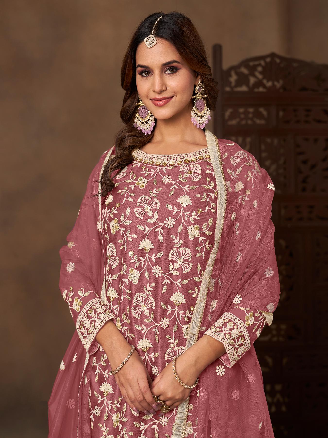 Pink Net Designer Embroidery Palazzo Suit