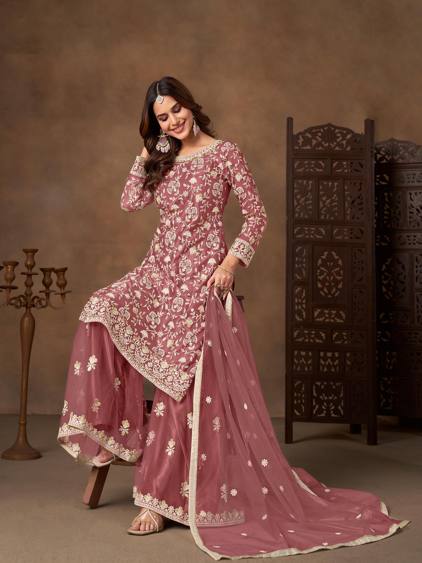 Pink Net Designer Embroidery Palazzo Suit