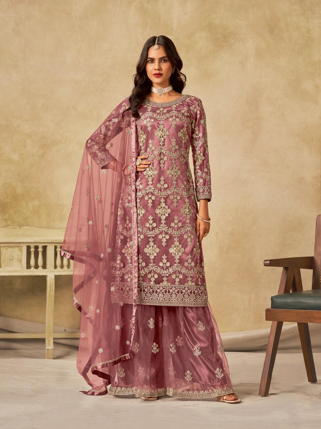 Pink Net Palazzo Suits