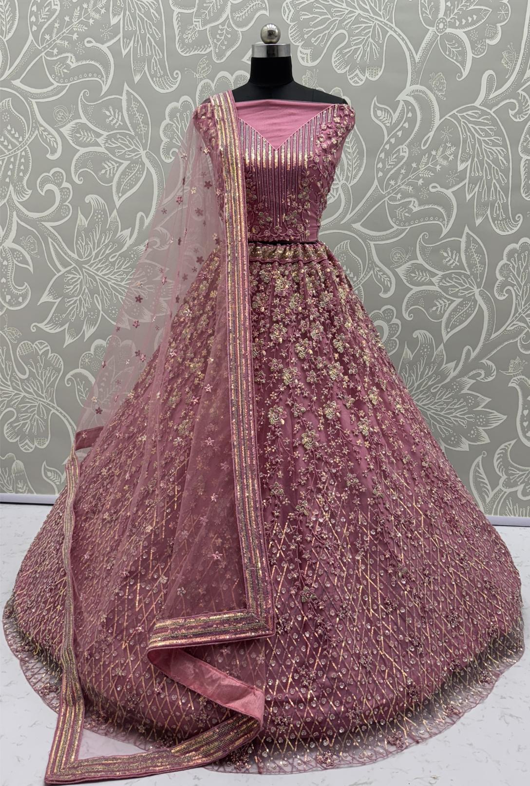Pink Net Semi-Stitched Lehenga