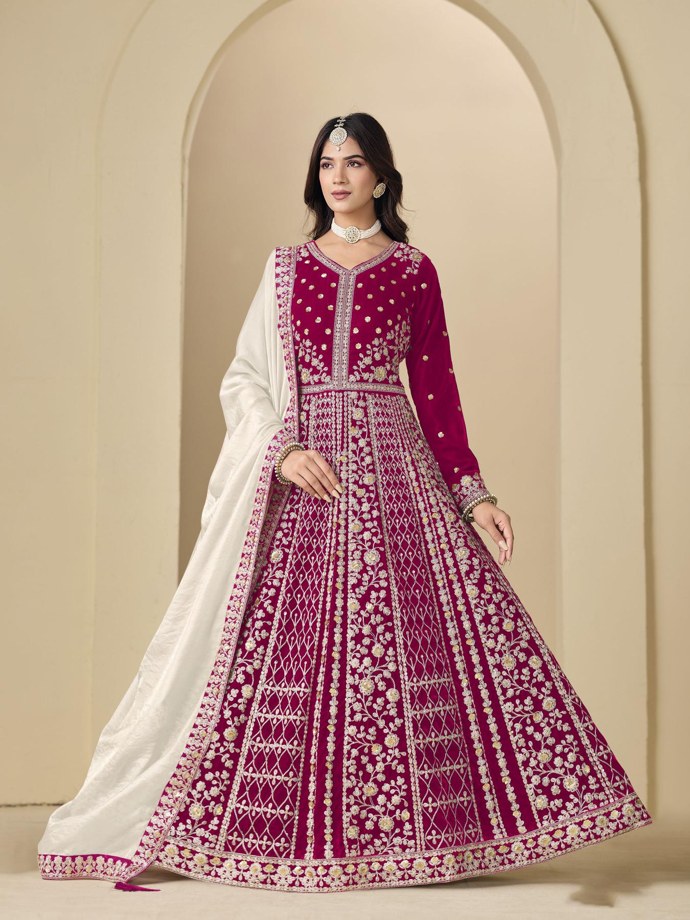 Pink Off White Floral Designer Embroidered Anarkali Suit