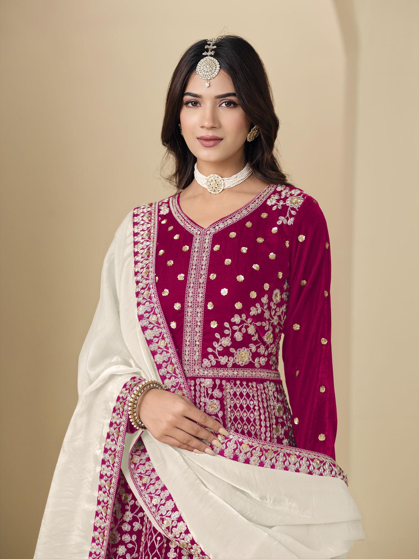 Pink Off White Floral Designer Embroidered Anarkali Suit
