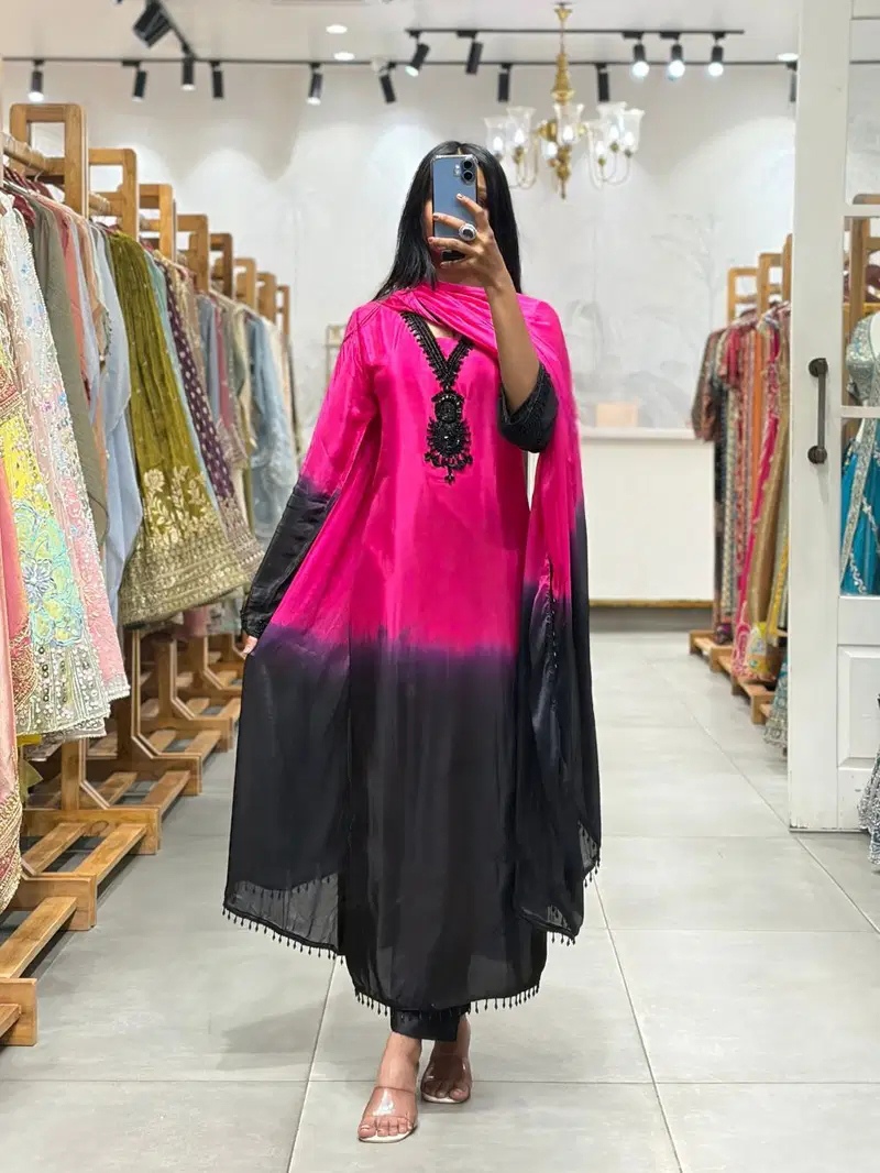Pink Ombre Beads Embroidery Crepe Silk Anarkali Suit