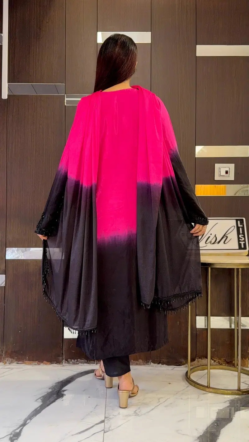 Pink Ombre Beads Embroidery Crepe Silk Anarkali Suit — alternate view