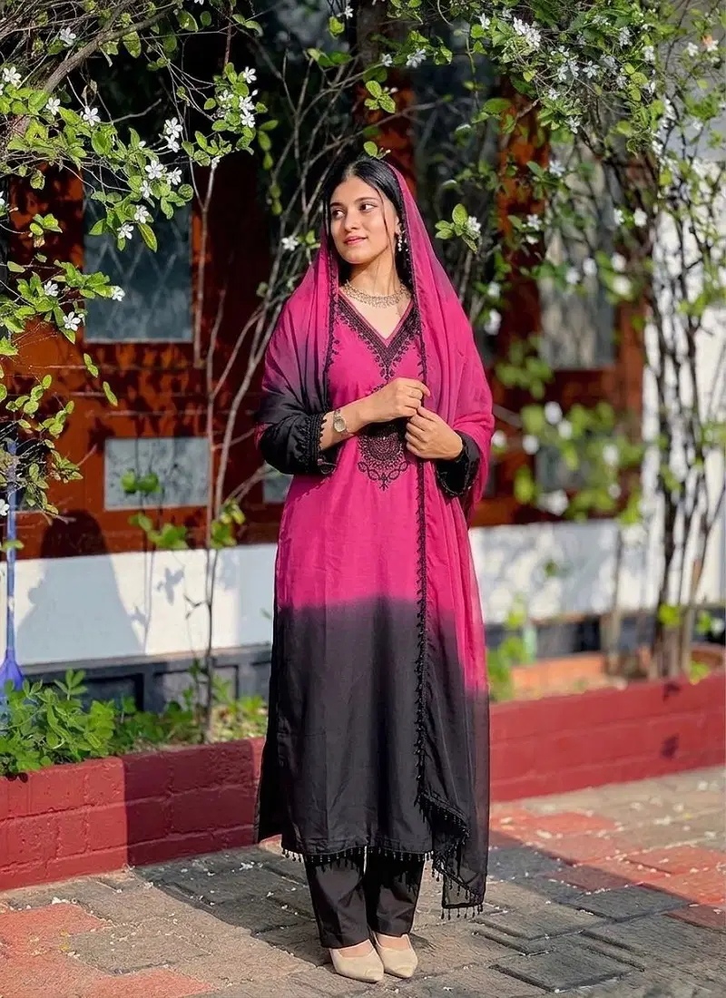 Pink Ombre Beads Embroidery Crepe Silk Anarkali Suit