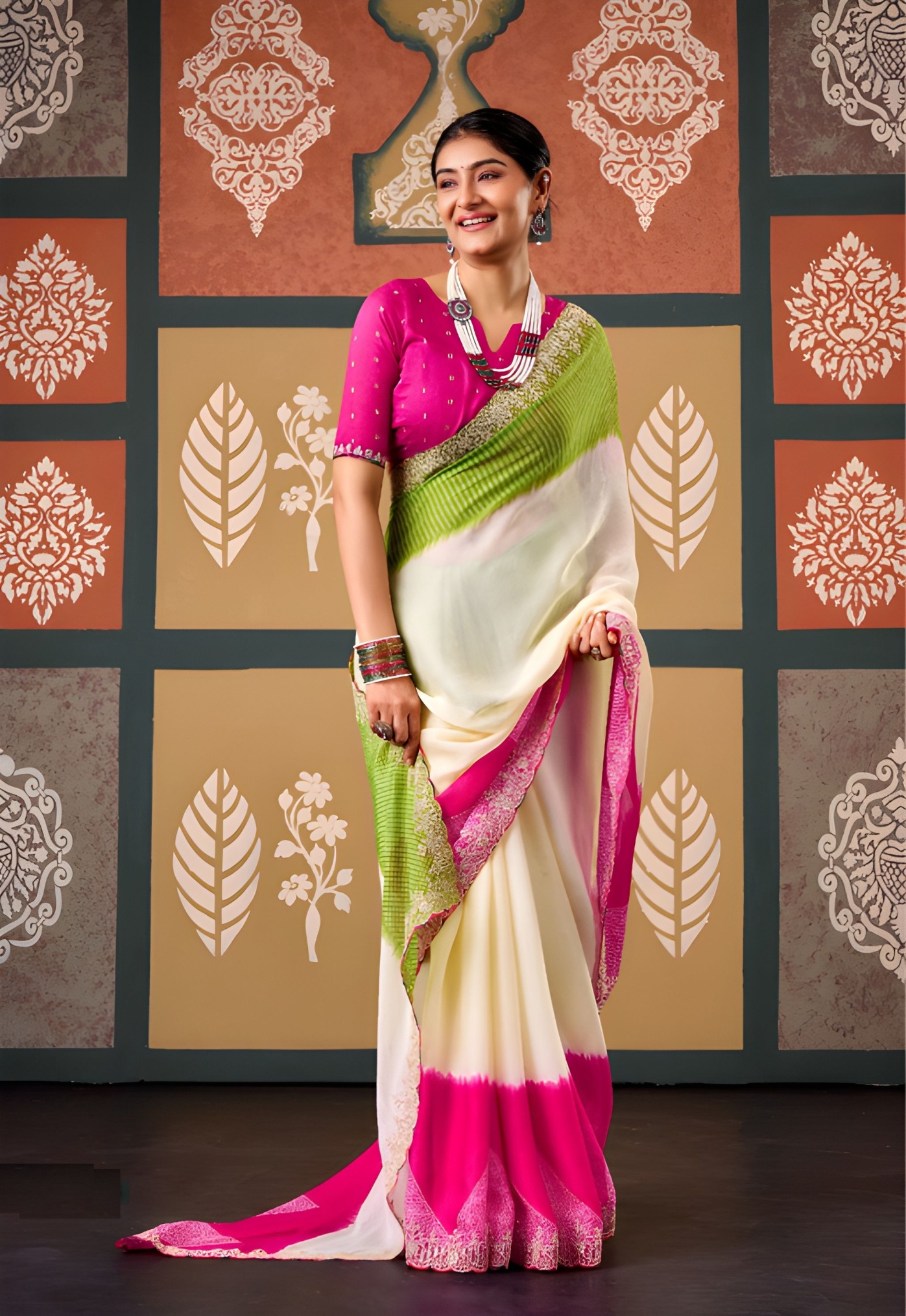 Pink Ombre Embroidered Chiffon Saree