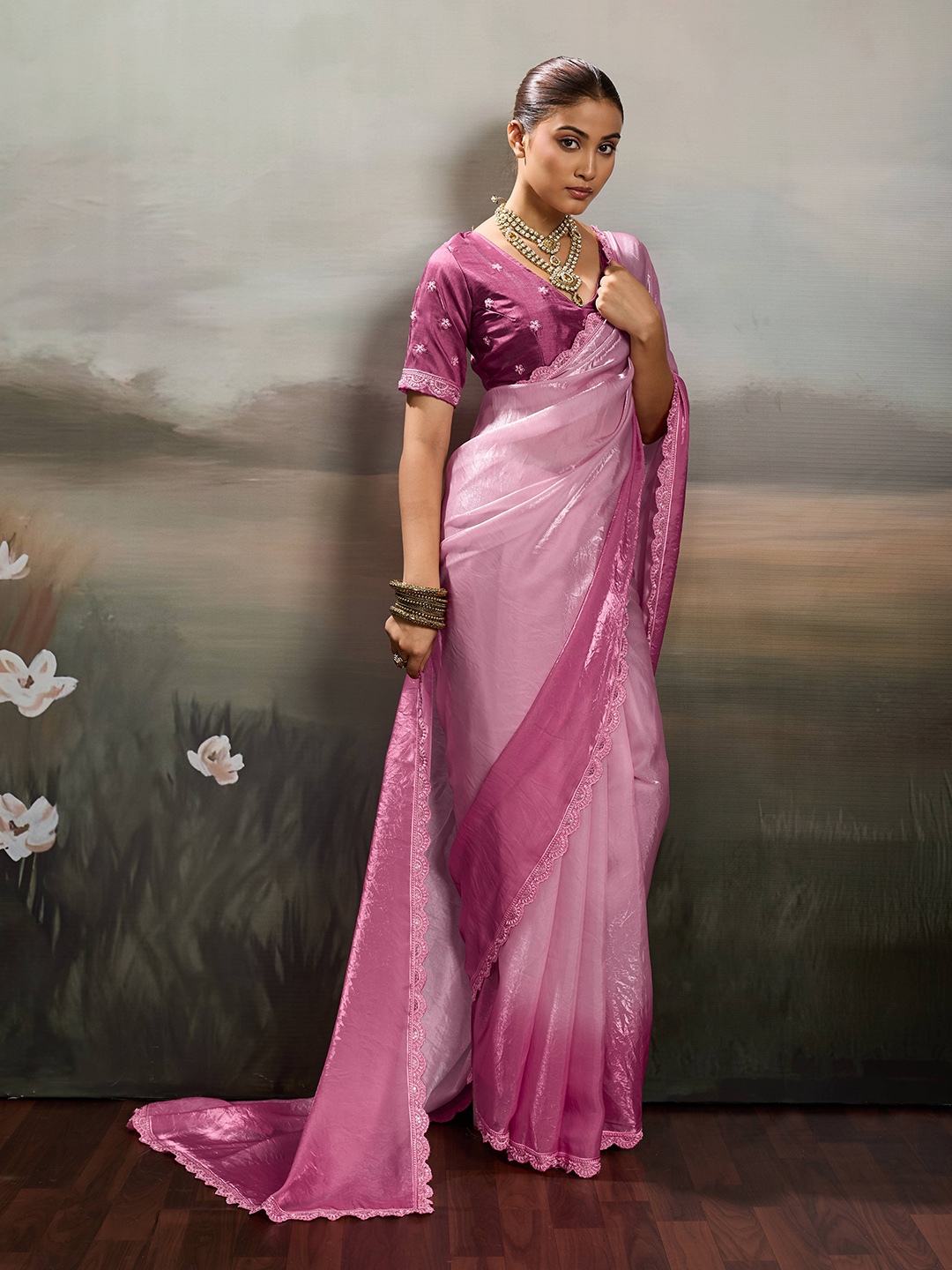 Pink Ombre Embroidery Satin Saree