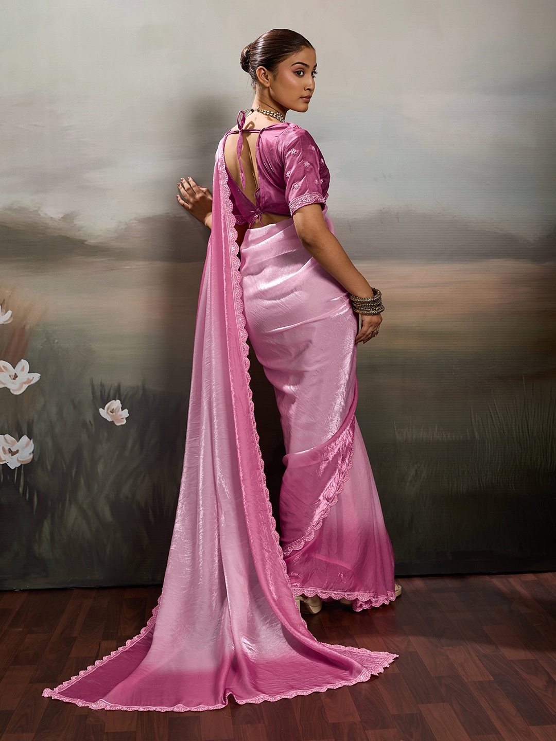 Pink Ombre Embroidery Satin Saree — alternate view