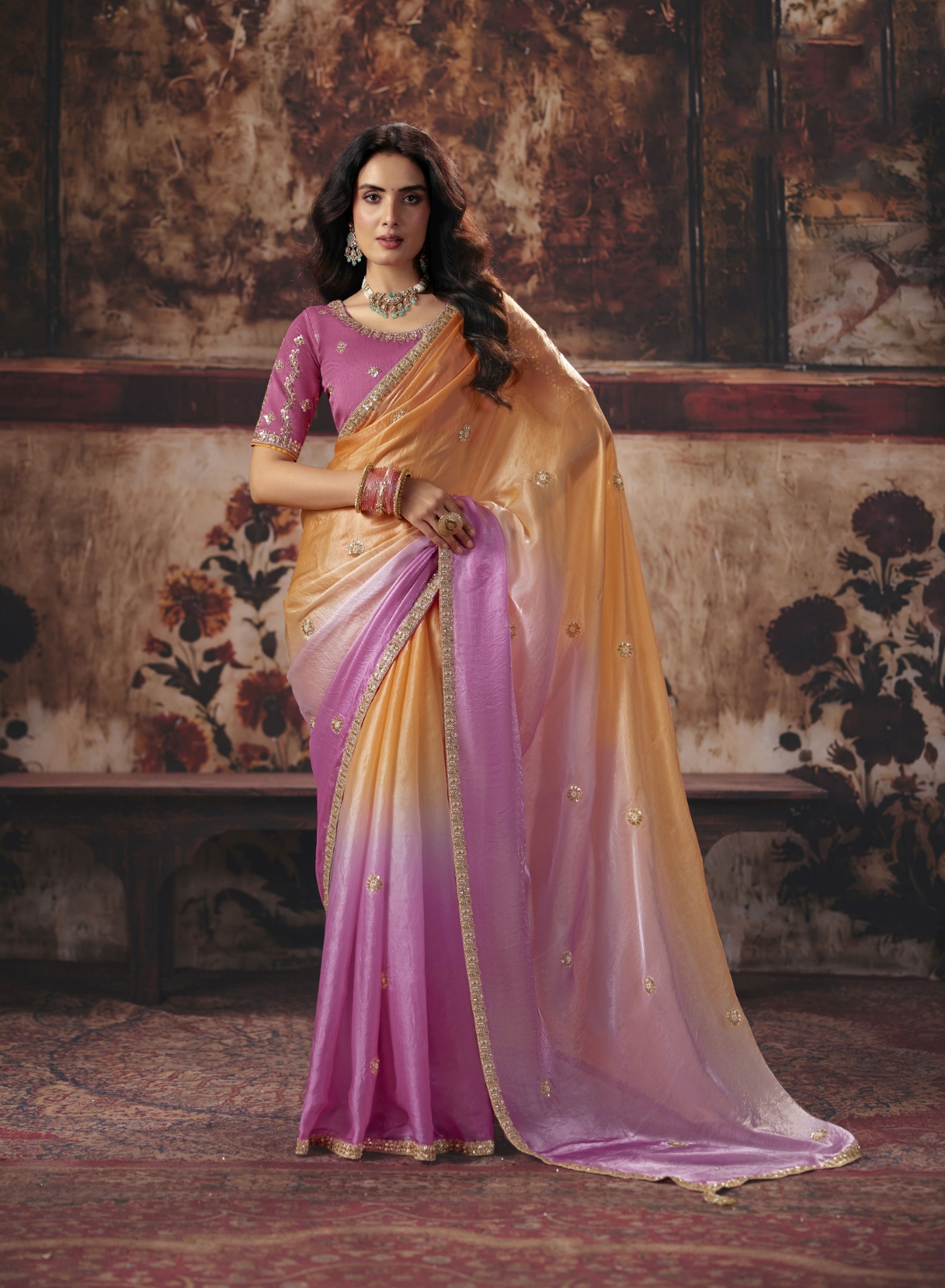 Pink Orange Floral Bead Work Fendy Satin Saree