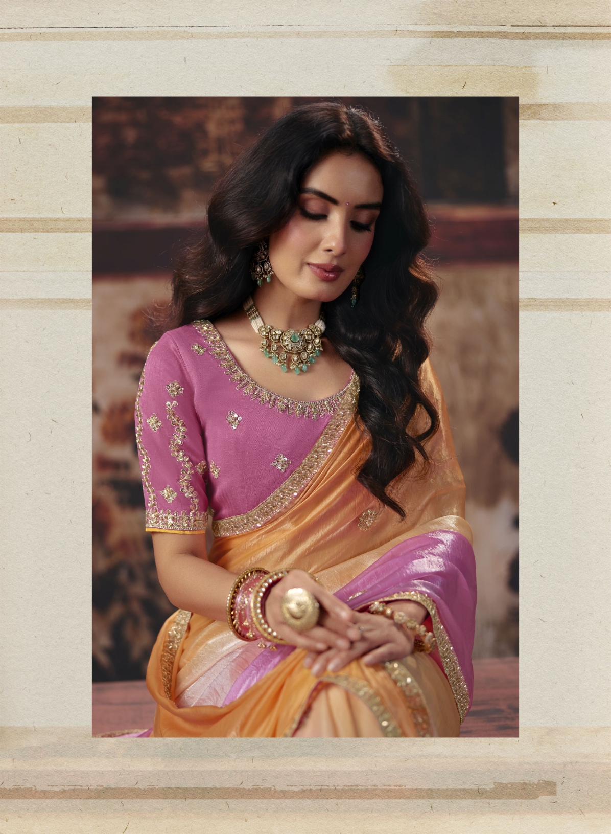Pink Orange Floral Bead Work Fendy Satin Saree