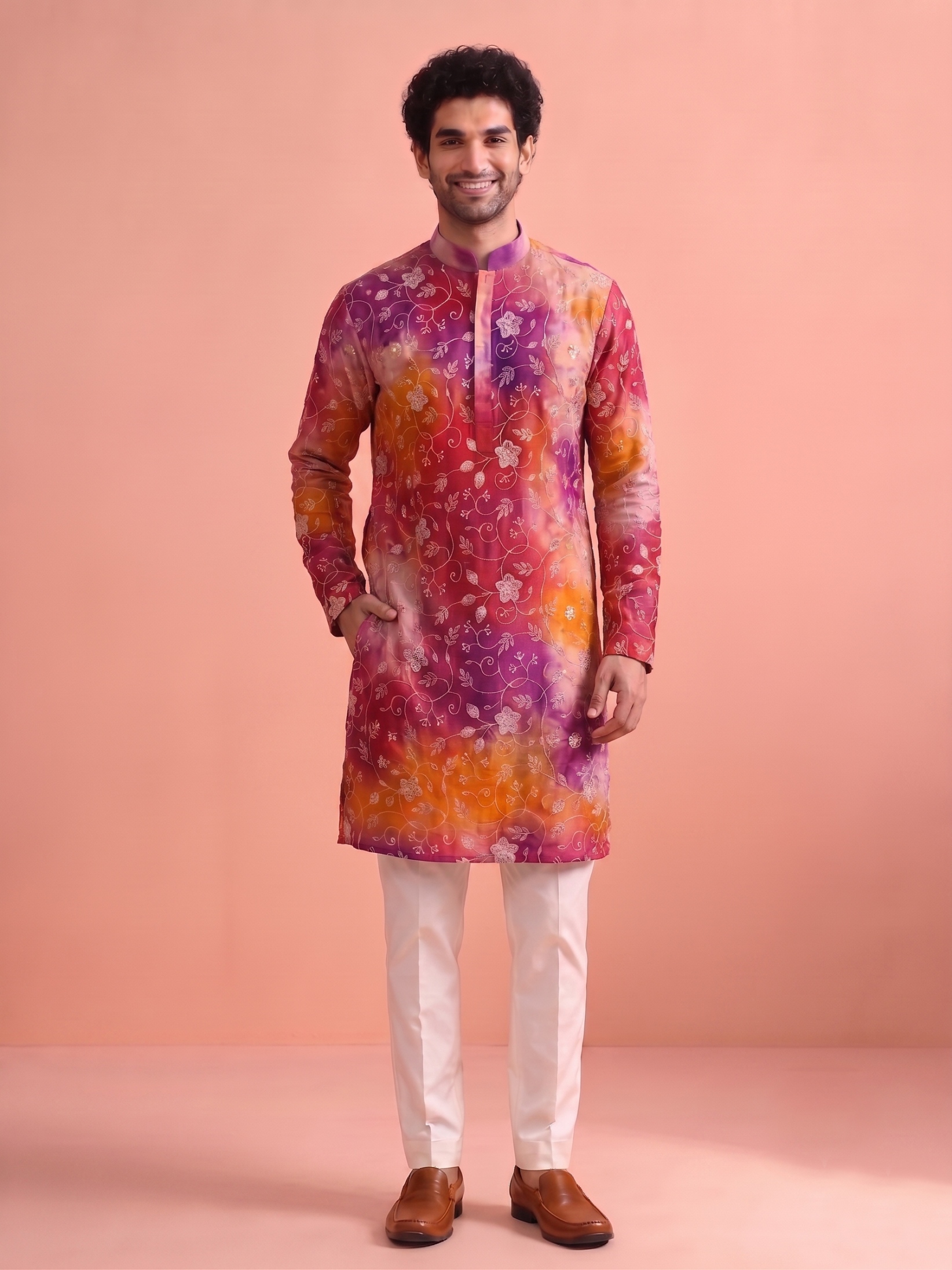 Pink Orange Floral Beadwork Rangoli Kurta Pyjama