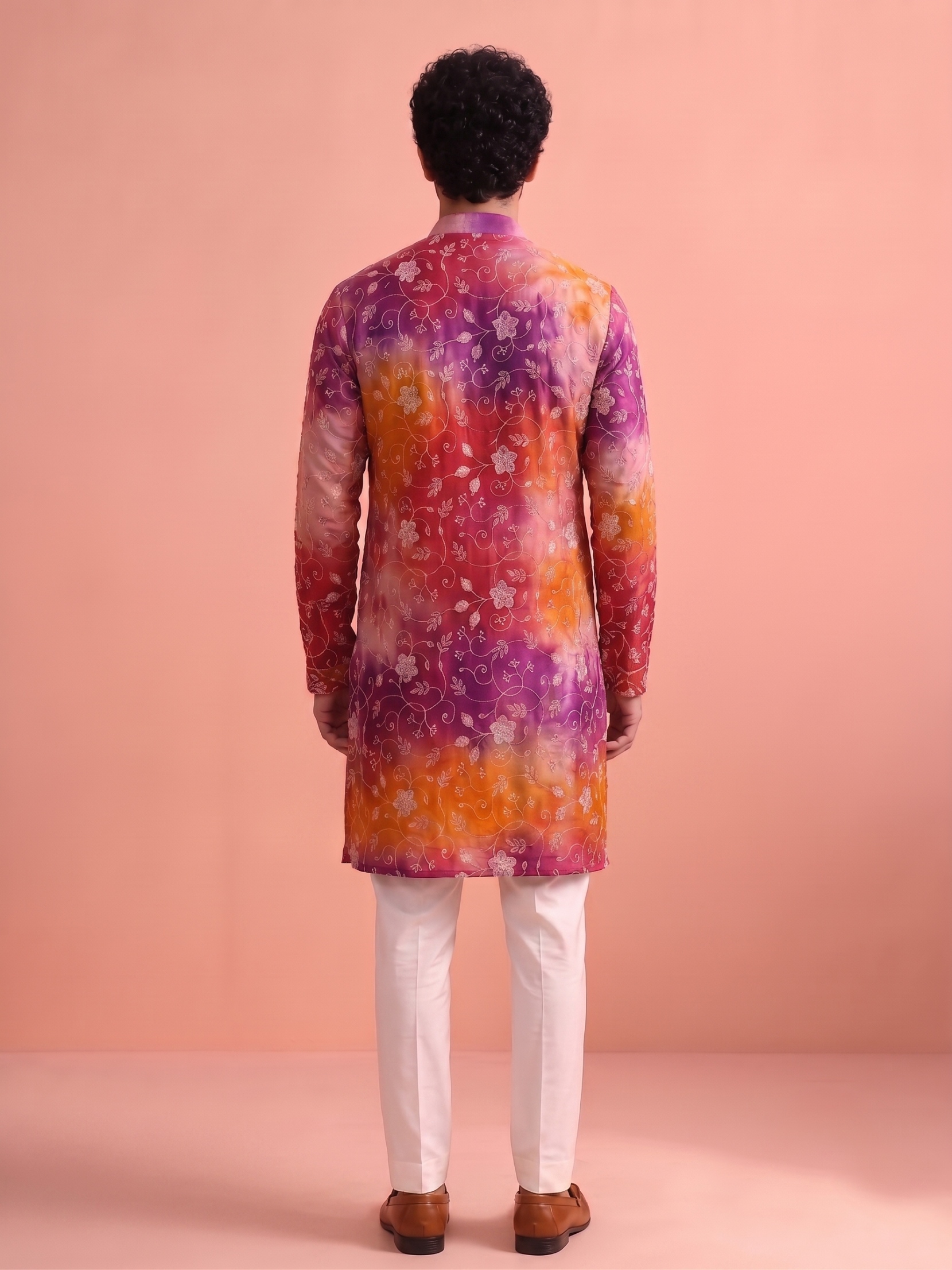 Pink Orange Floral Beadwork Rangoli Kurta Pyjama — alternate view
