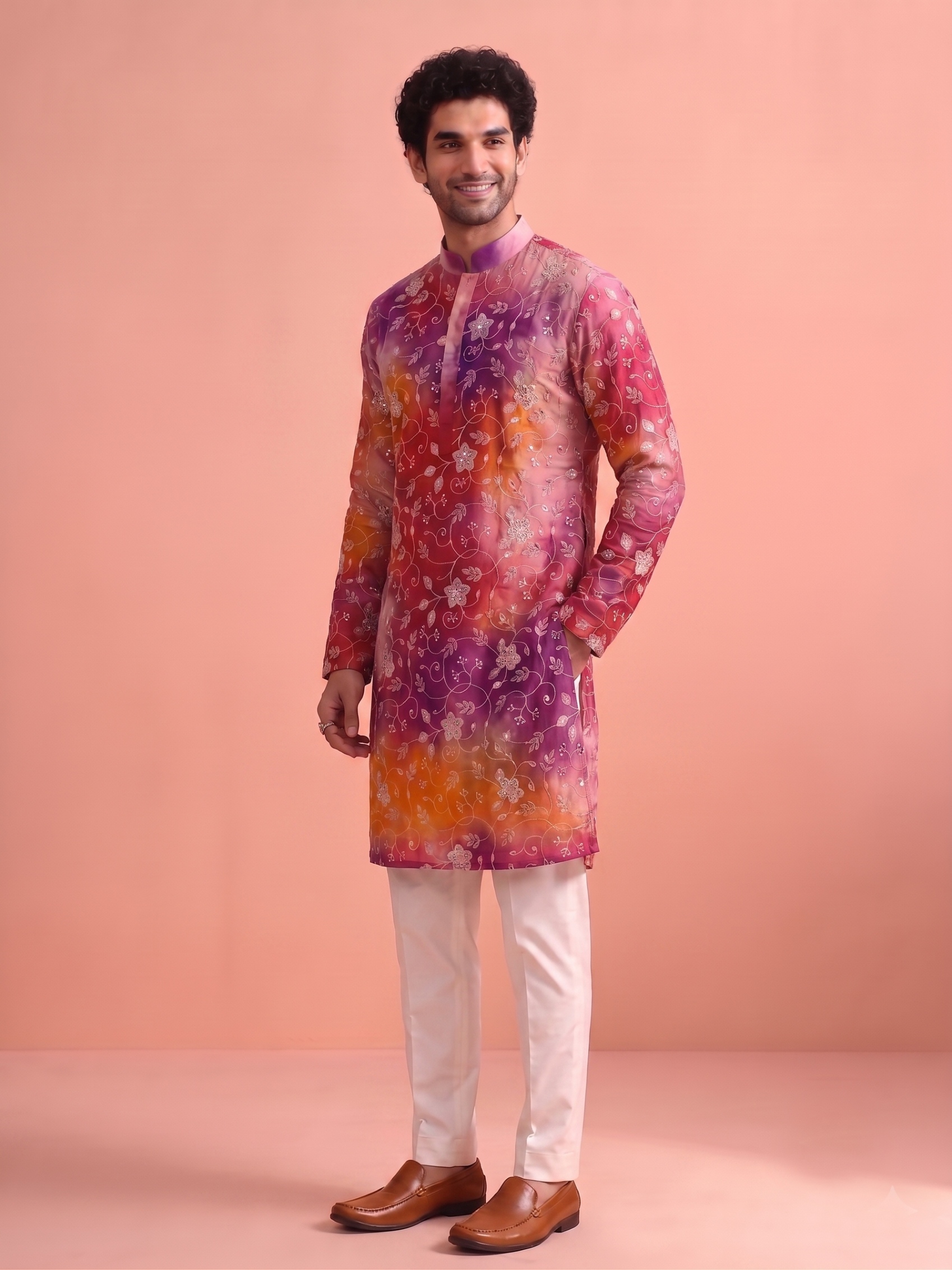 Pink Orange Floral Beadwork Rangoli Kurta Pyjama