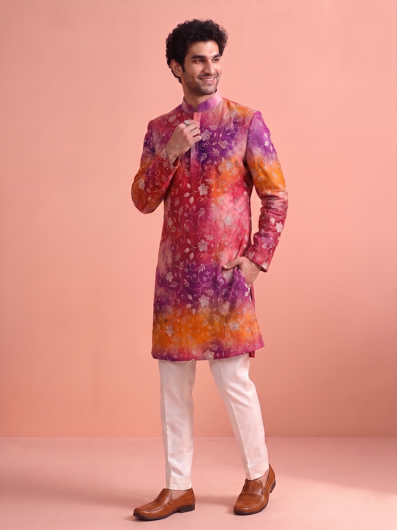 Pink Orange Floral Beadwork Rangoli Kurta Pyjama
