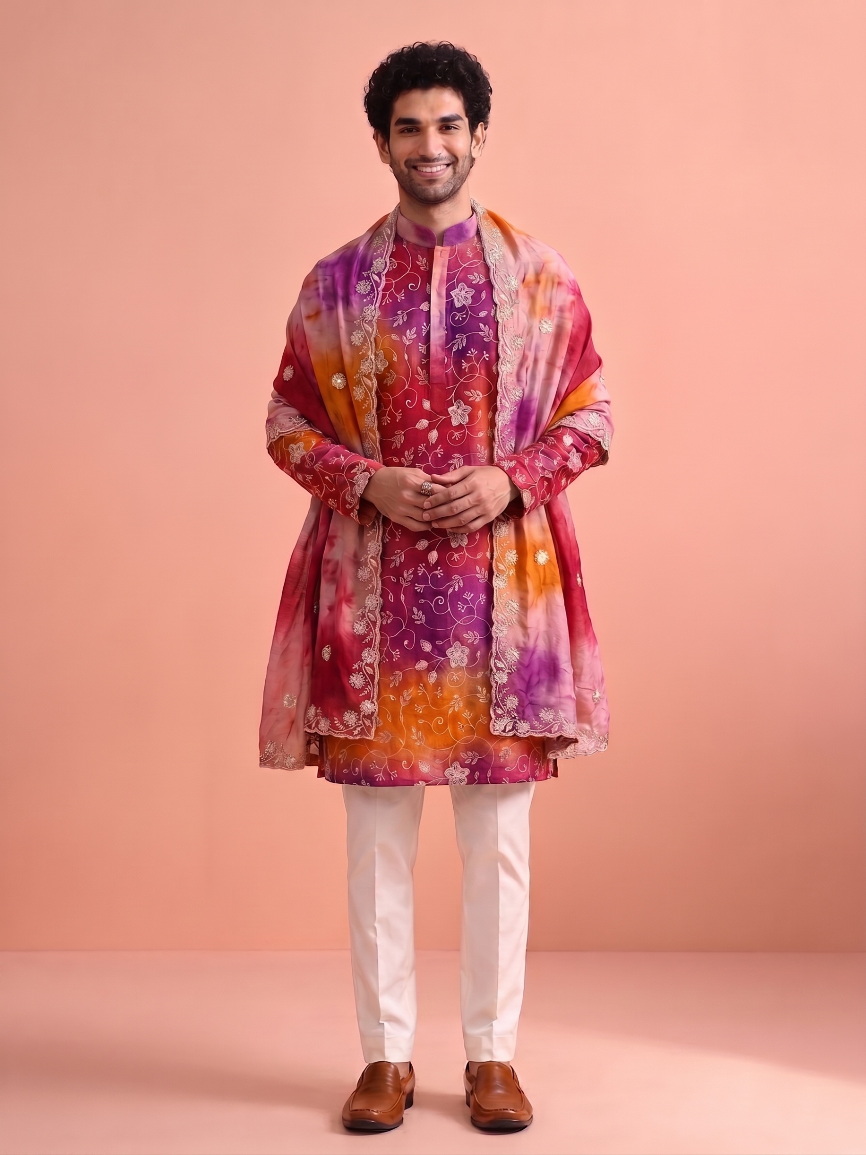 Pink Orange Floral Beadwork Rangoli Kurta Pyjama with dupatta