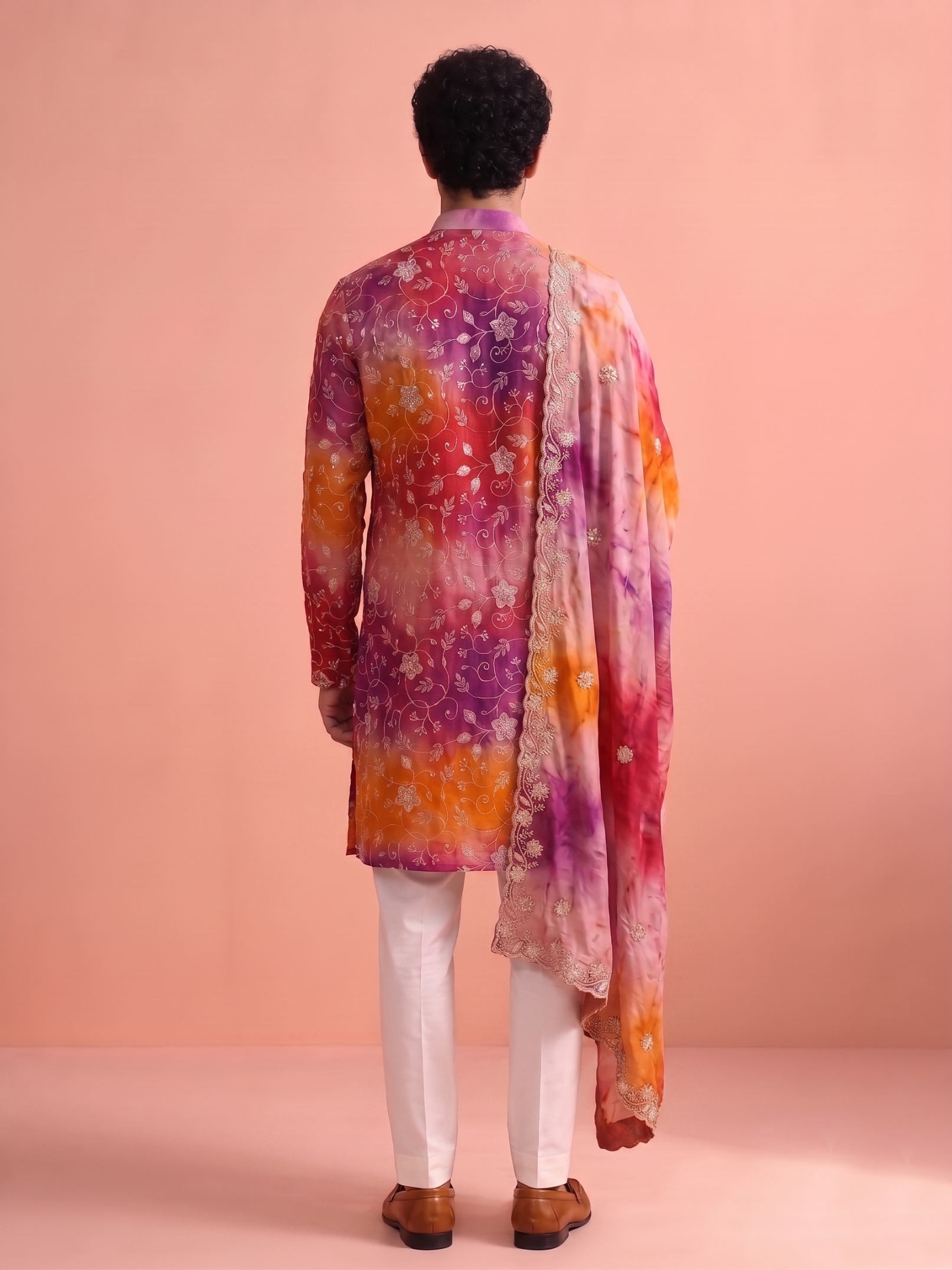 Pink Orange Floral Beadwork Rangoli Kurta Pyjama with dupatta — alternate view