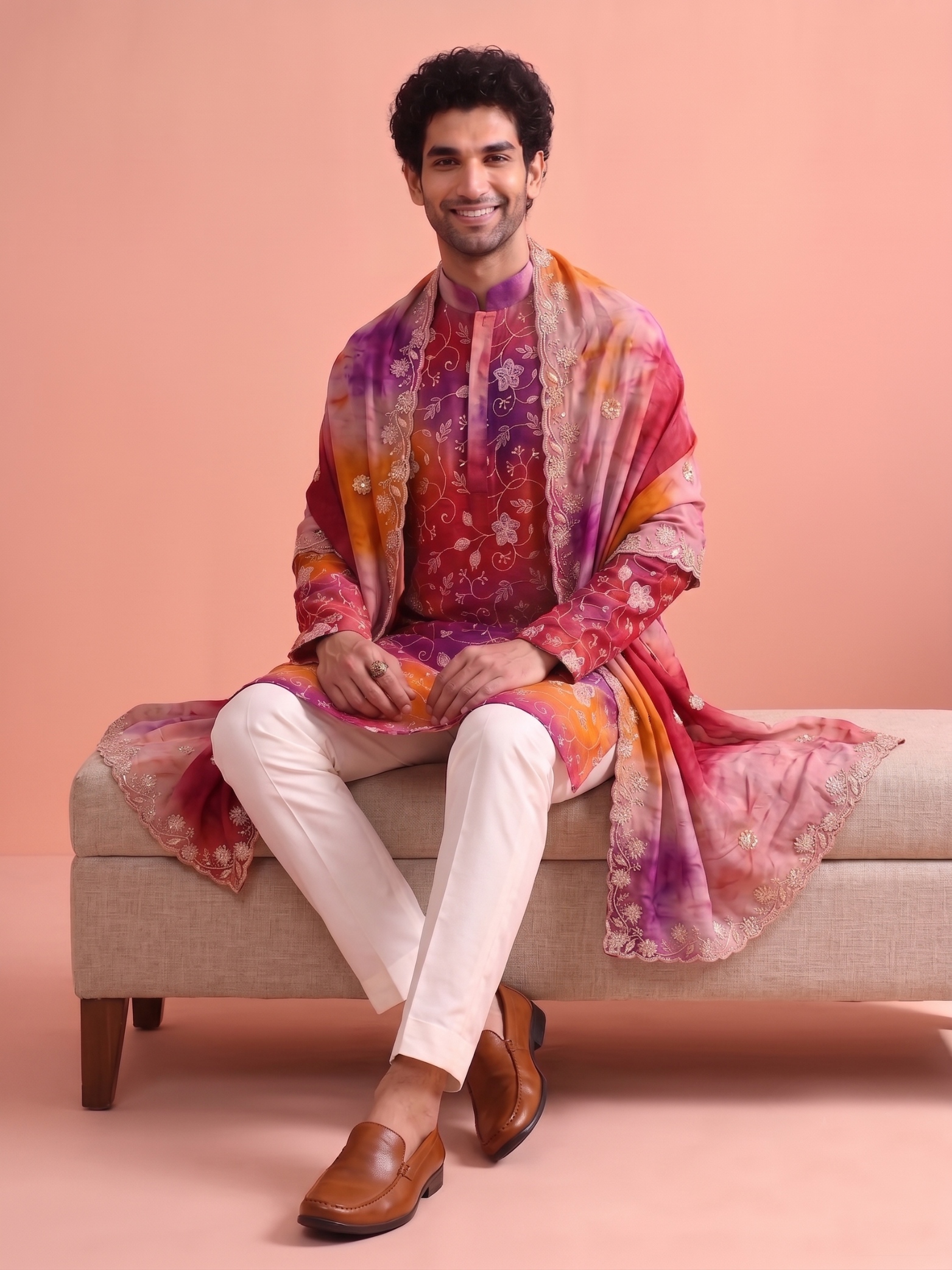 Pink Orange Floral Beadwork Rangoli Kurta Pyjama with dupatta