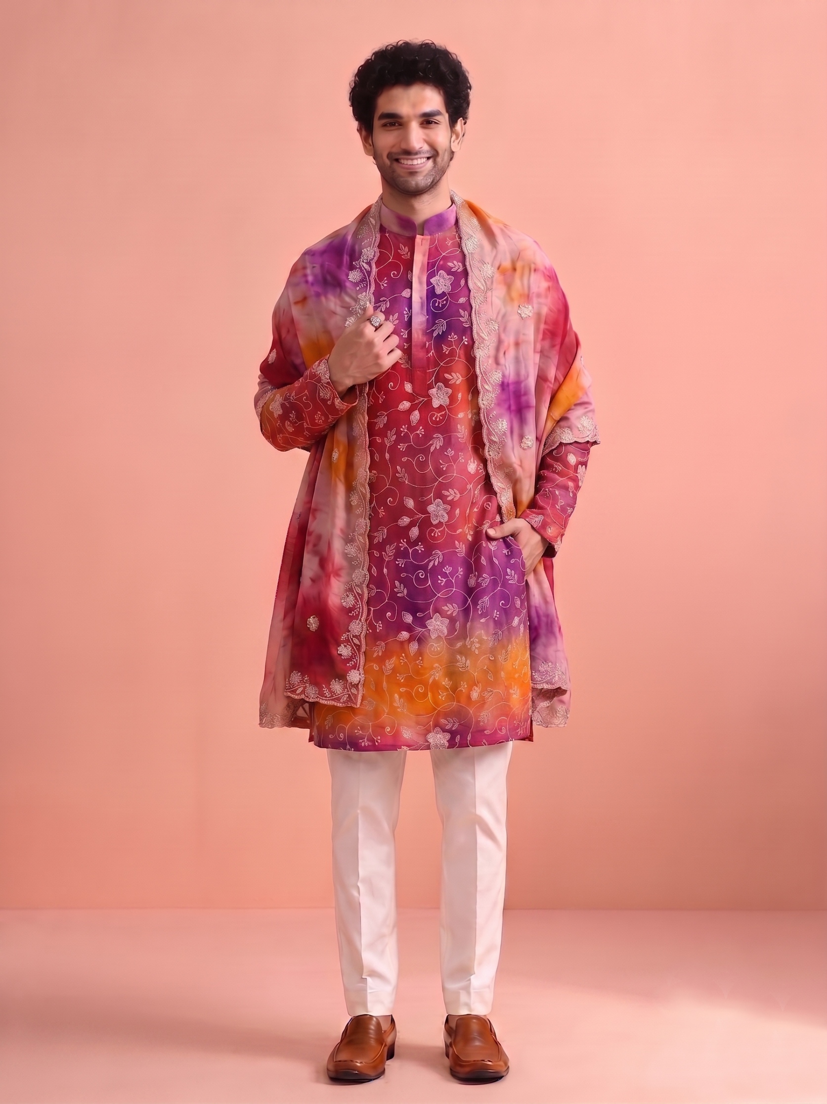 Pink Orange Floral Beadwork Rangoli Kurta Pyjama with dupatta